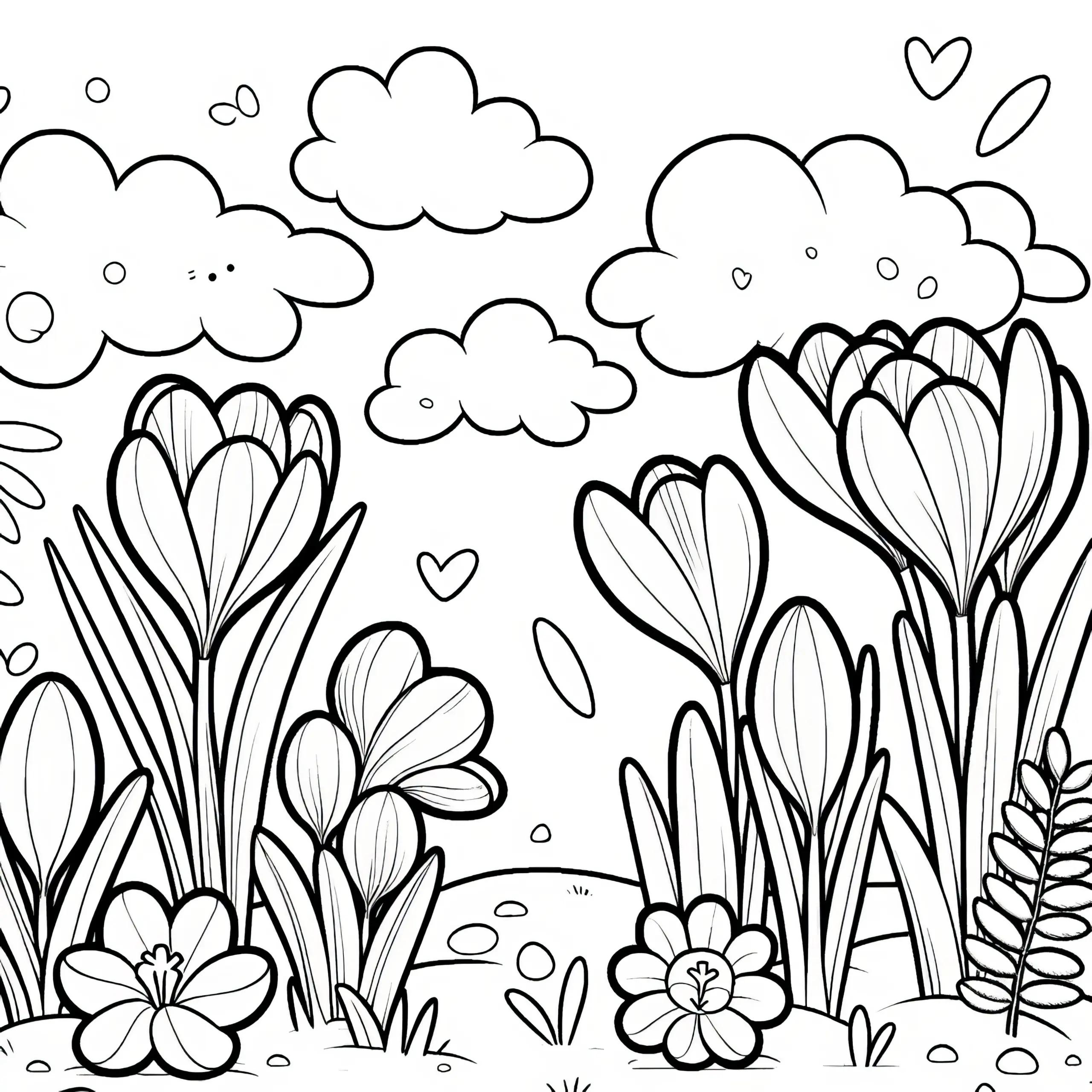 Krokusse auf der Wiese: Gratis Ausmalbild zum Herunterladen
