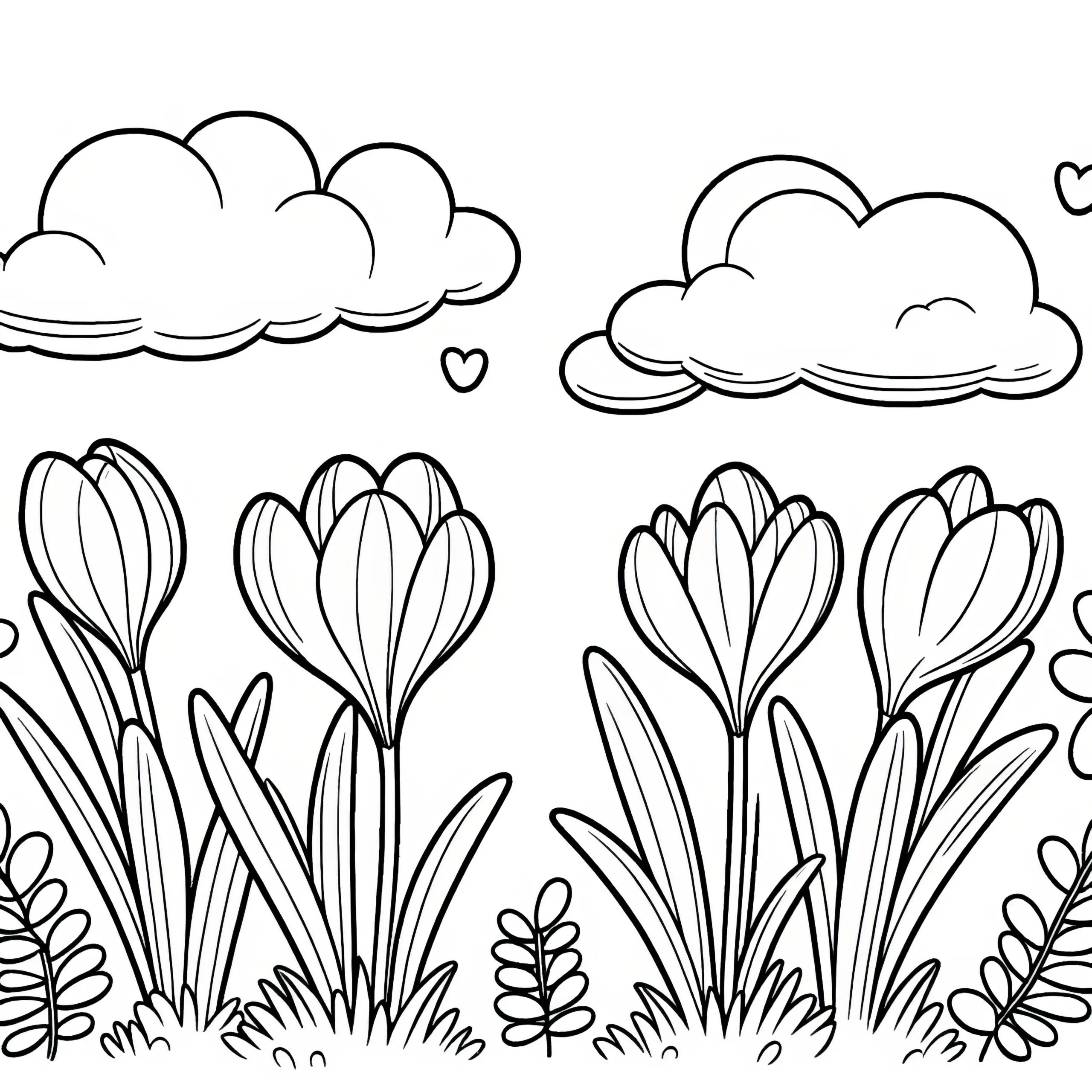 Krokusse und Wolken zum Ausmalen: Kostenloses Ausmalbild