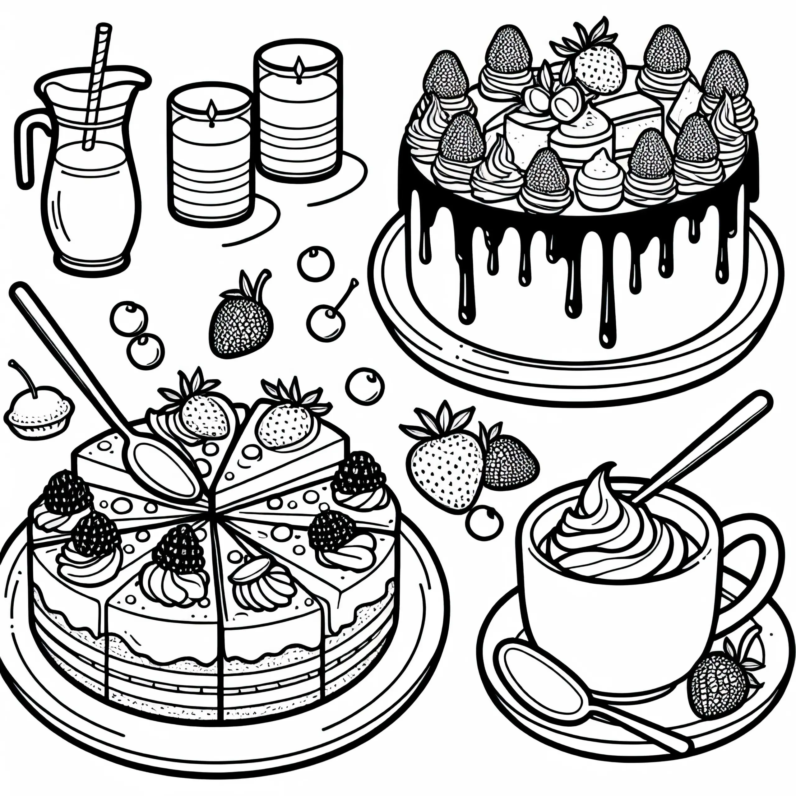 Kostenlose Ausmalvorlage für Kuchen und Torten als Dessert (Ausmalbild)