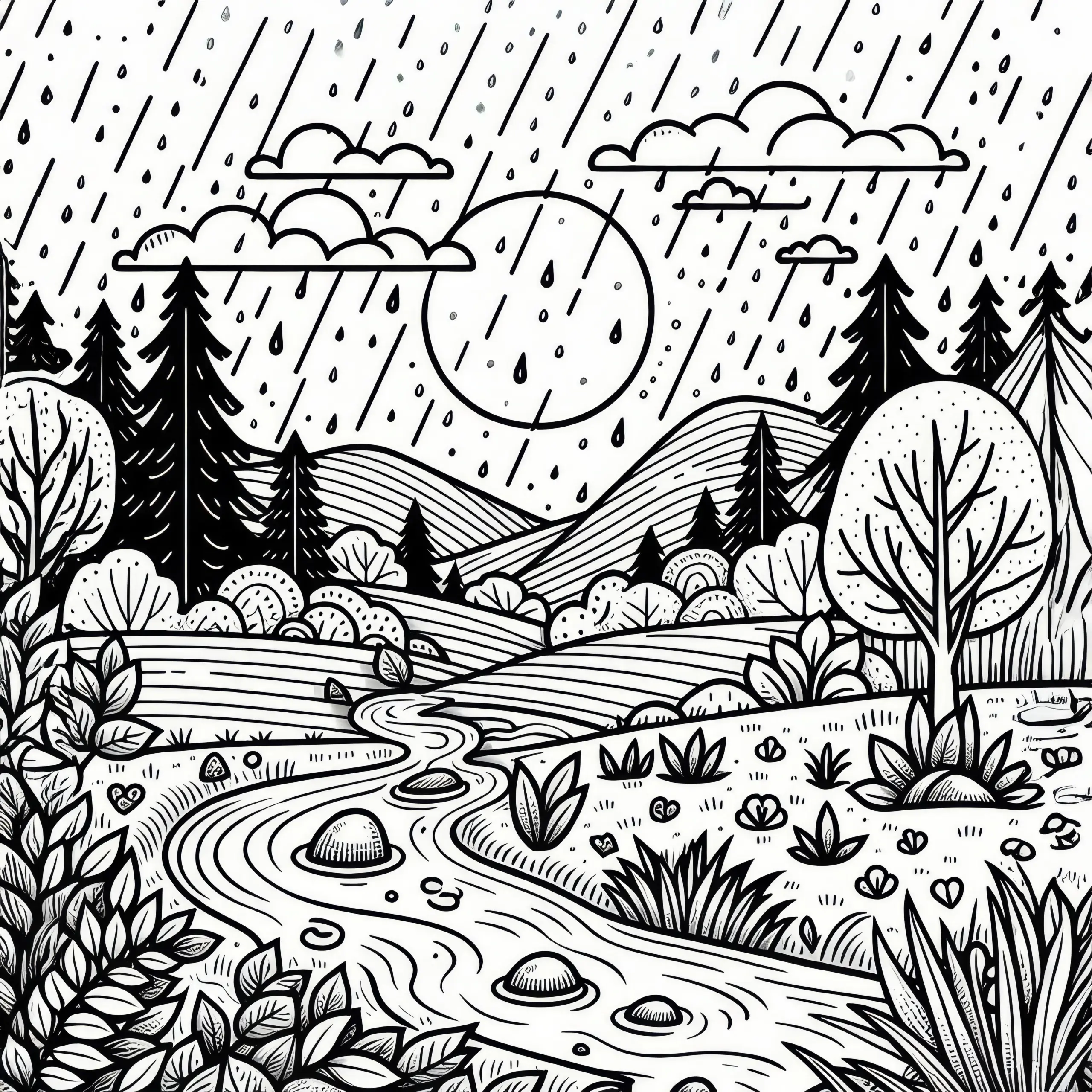 Kühler Novemberregen in der Landschaft: Ausmalbild zum Herunterladen (Gratis)