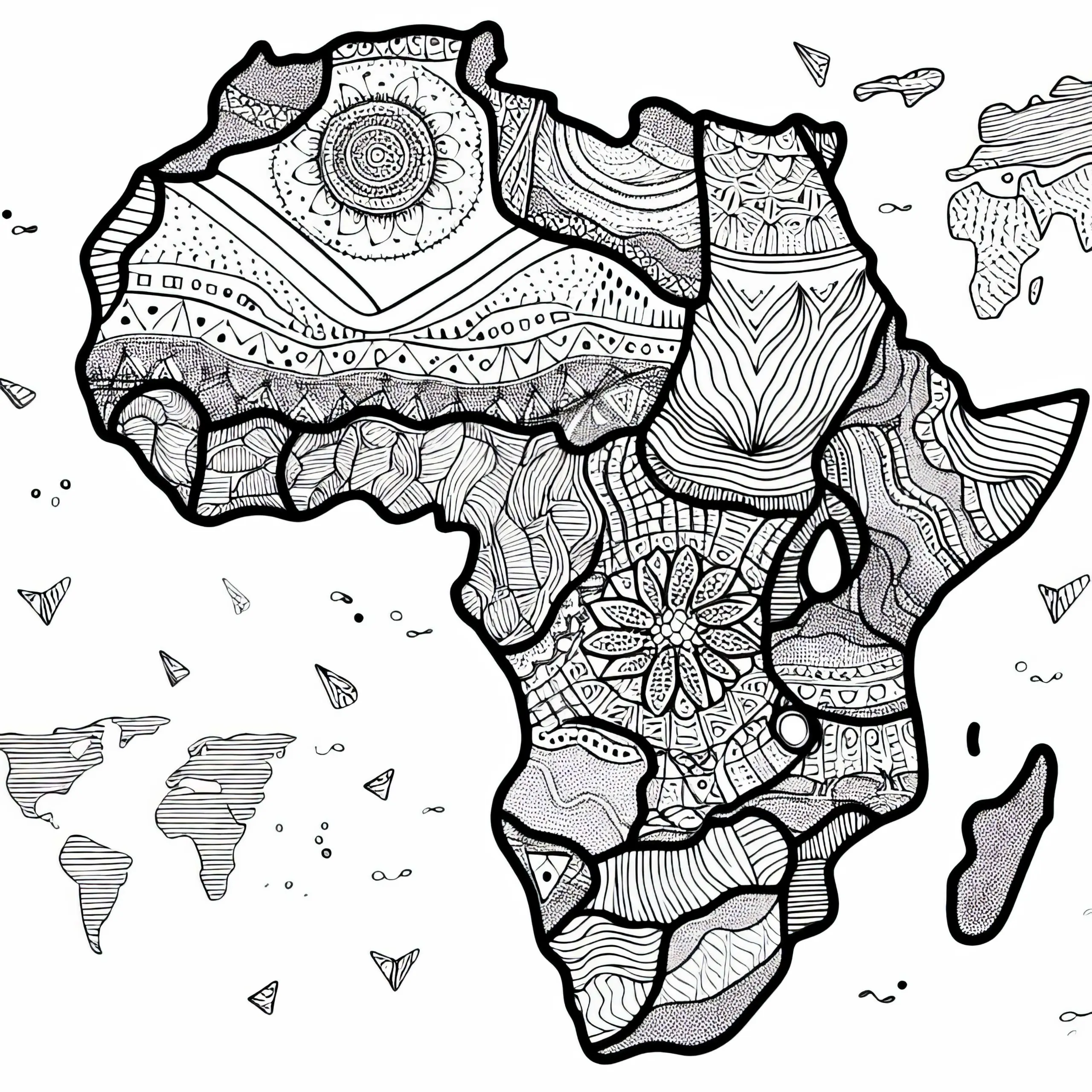 Künstlerische Landkarte Afrika als Ausmalbild kostenlos herunterladen