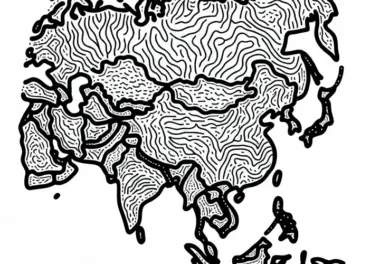 Künstlerische Landkarte Asien als Ausmalbild kostenlos