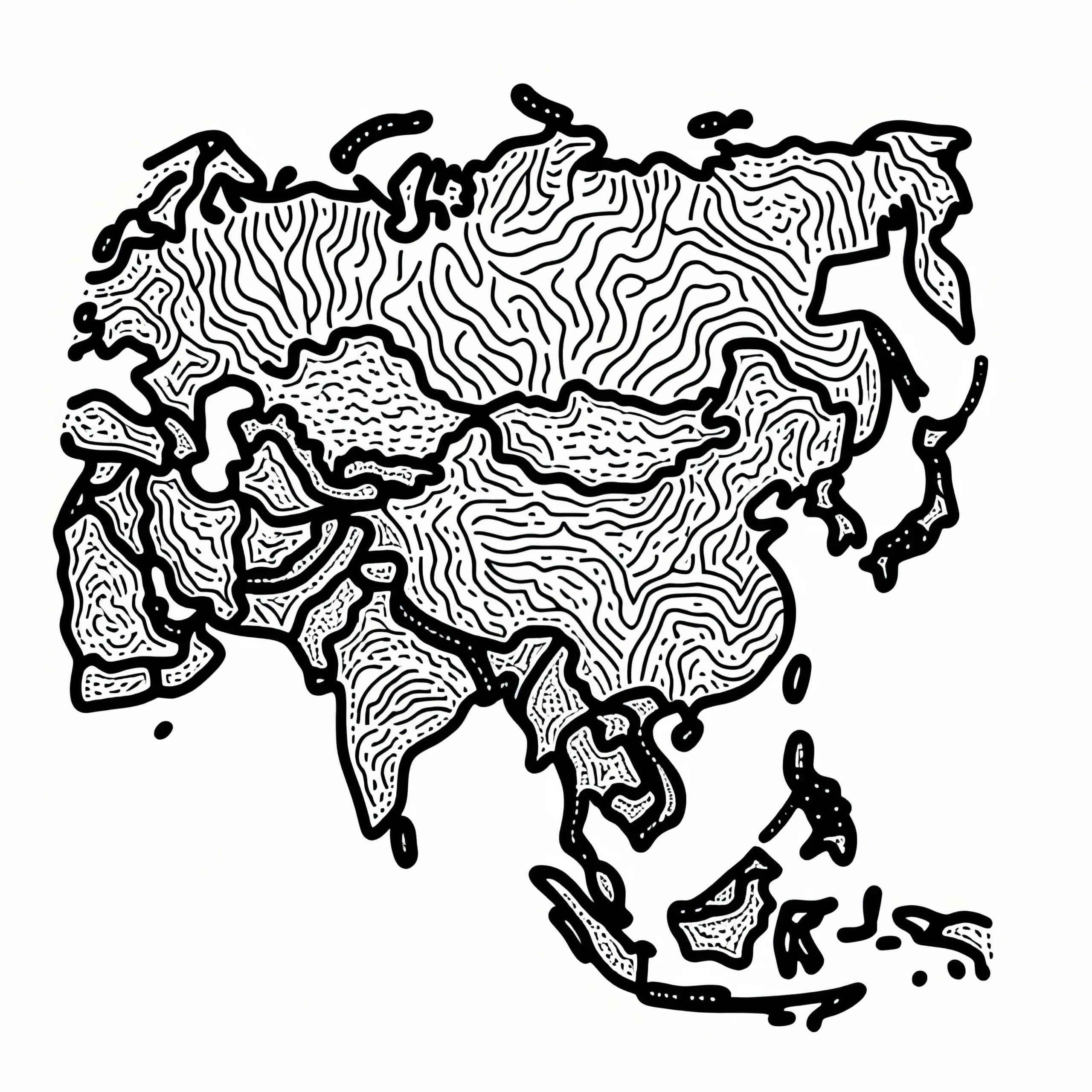 Künstlerische Landkarte Asien als Ausmalbild kostenlos