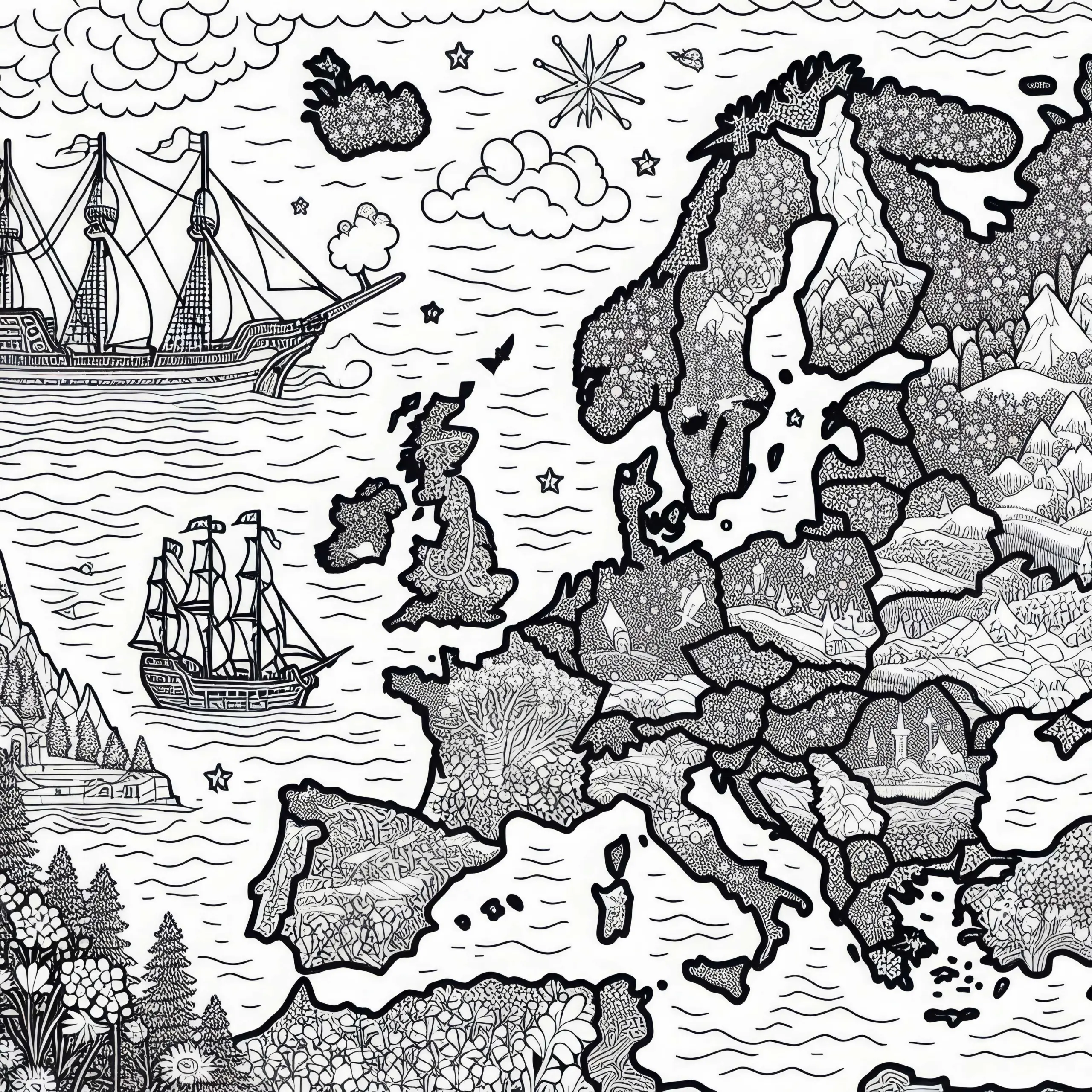 Künstlerische Landkarte Europa Malvorlage Kostenlos (Ausmalbild)