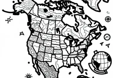 Künstlerische Landkarte Nordamerika als Ausmalbild kostenlos herunterladen