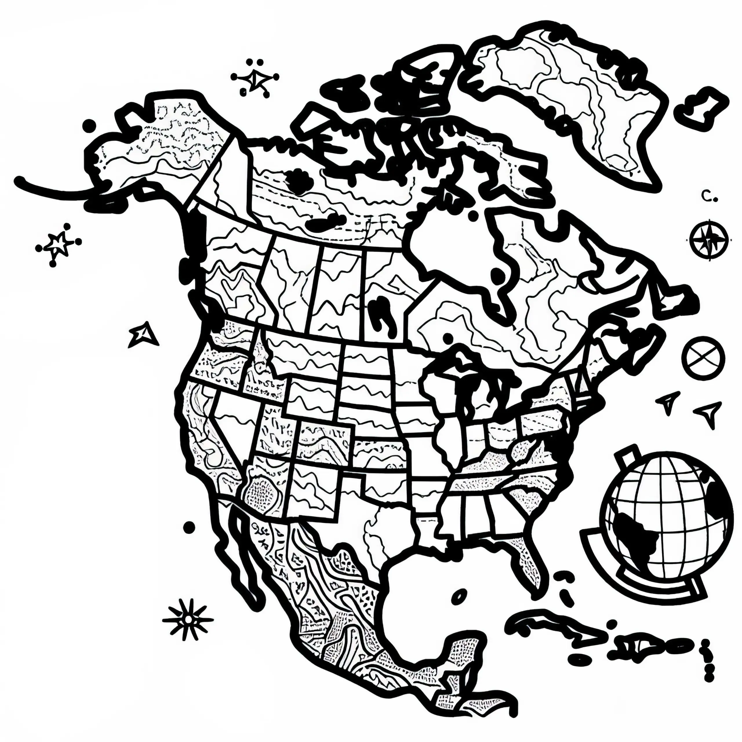 Künstlerische Landkarte Nordamerika als Ausmalbild kostenlos herunterladen