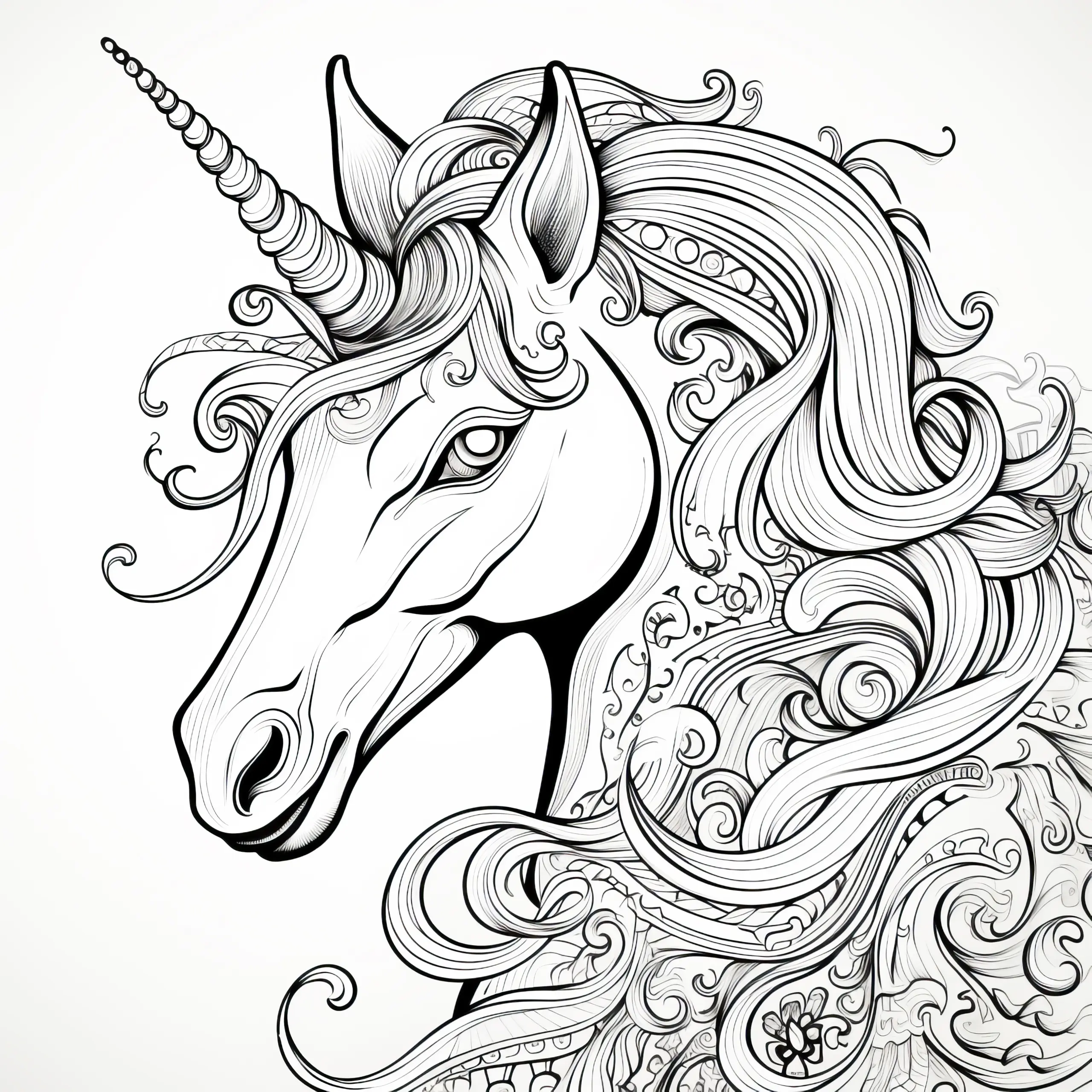 Künstlerisches Einhorn-Portrait als Malvorlage (Kostenlos) (Ausmalbild)