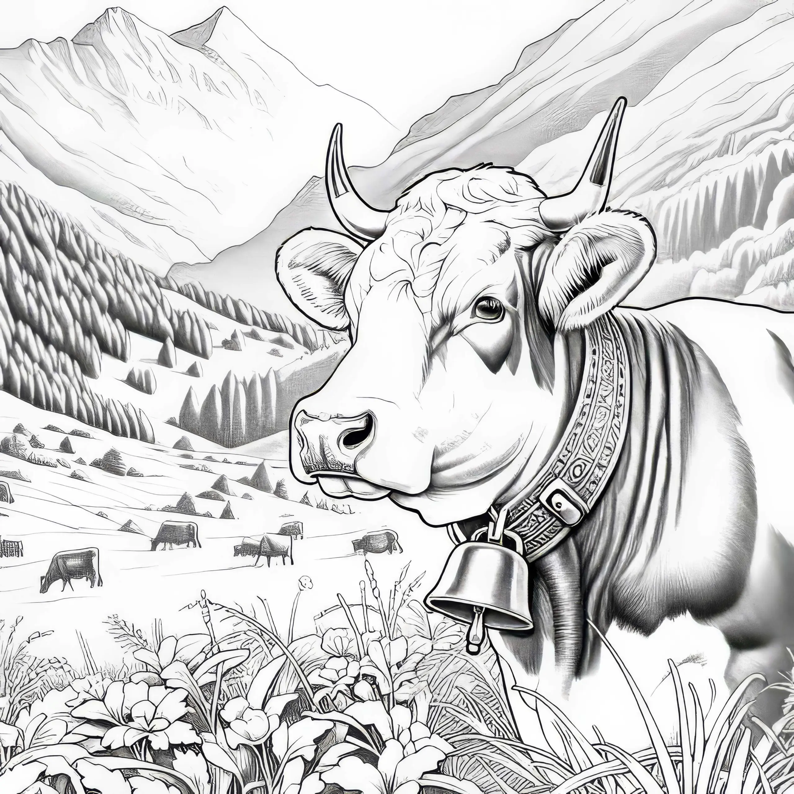 Kuh mit Glocke um den Hals in Alpenlandschaft: Ausmalbild zum Download (Gratis)