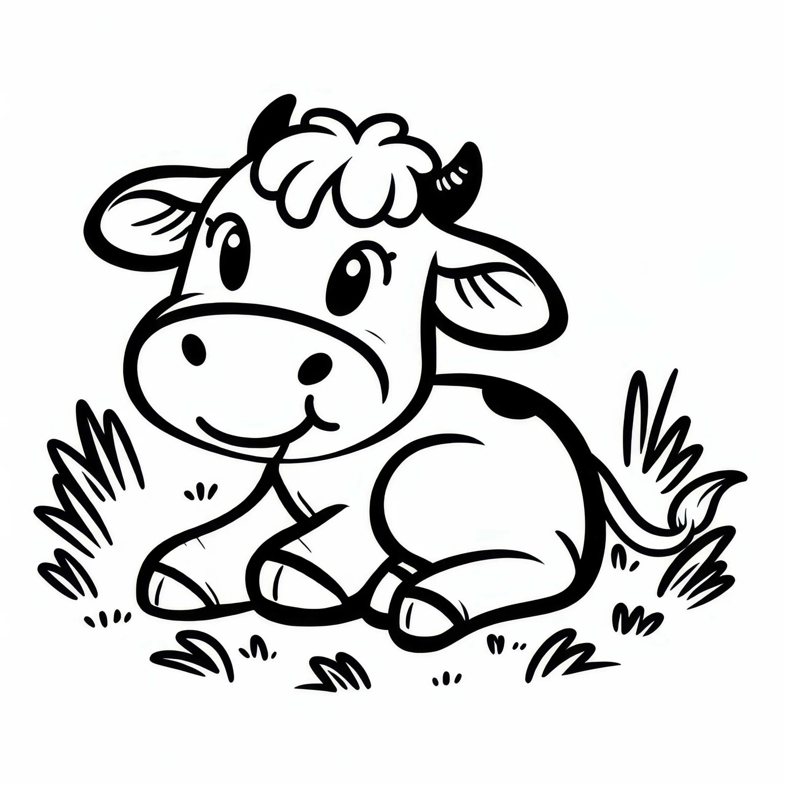 Kuh liegt entspannt im Gras: Einfache Malvorlage (Gratis) (Ausmalbild)