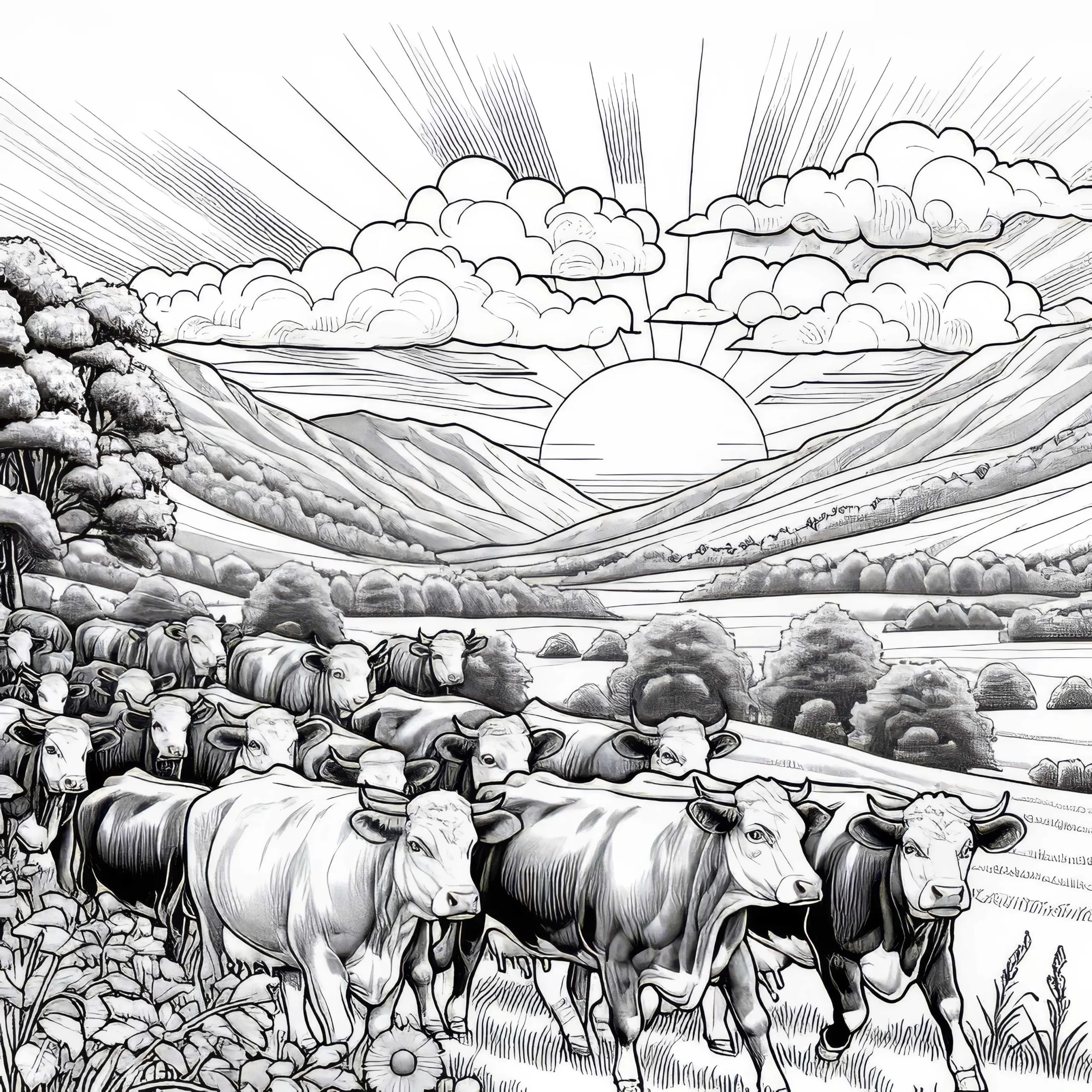 Kuhherde läuft durch Landschaft: Detailreiche Malvorlage (Kostenlos) (Ausmalbild)