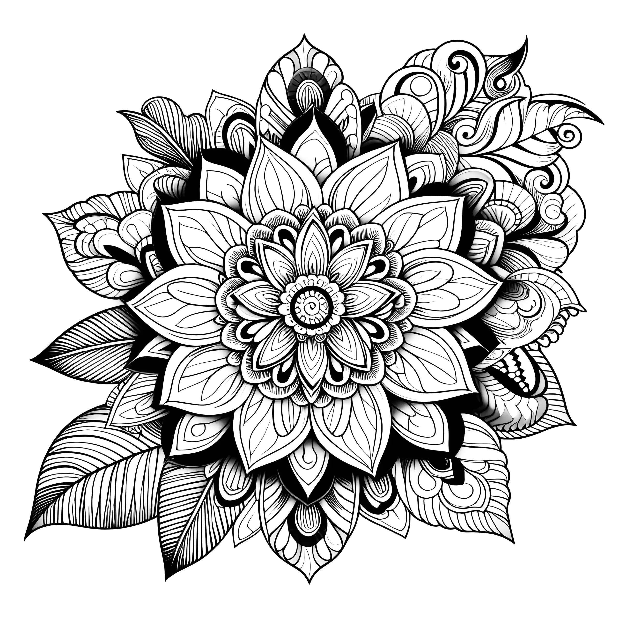 Kunstvolles Blumen-Mandala mit Blüte und Blättern (Kostenlos) (Ausmalbild)