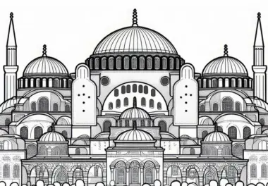 Kuppeln der Hagia Sophia in der Türkei mit Kindern davor – Ausmalbild für Asien gratis