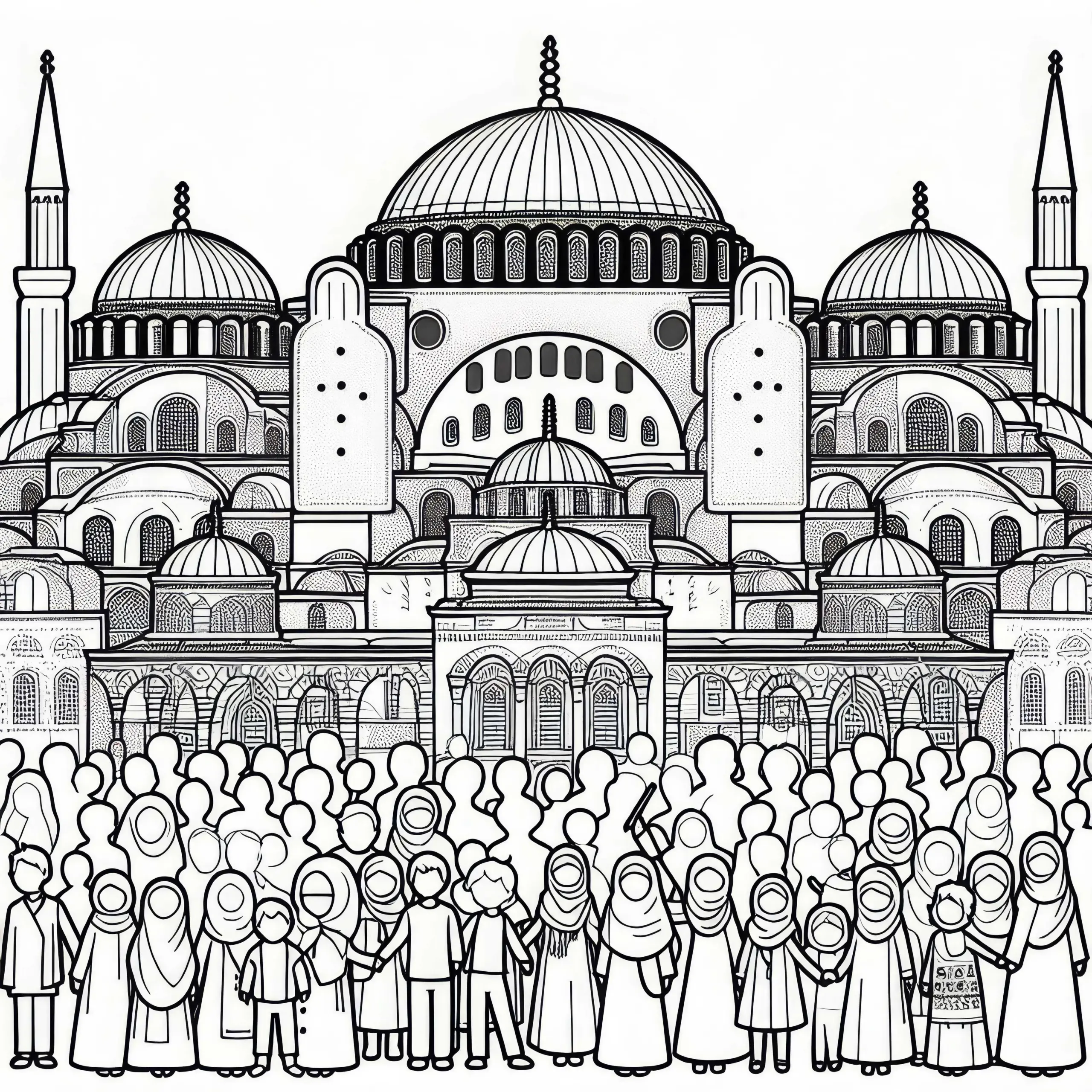 Kuppeln der Hagia Sophia in der Türkei mit Kindern davor – Ausmalbild für Asien gratis