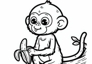 Kurzschwanzaffe sitzt auf dem Ast und frisst eine Banane – Ausmalbild gratis