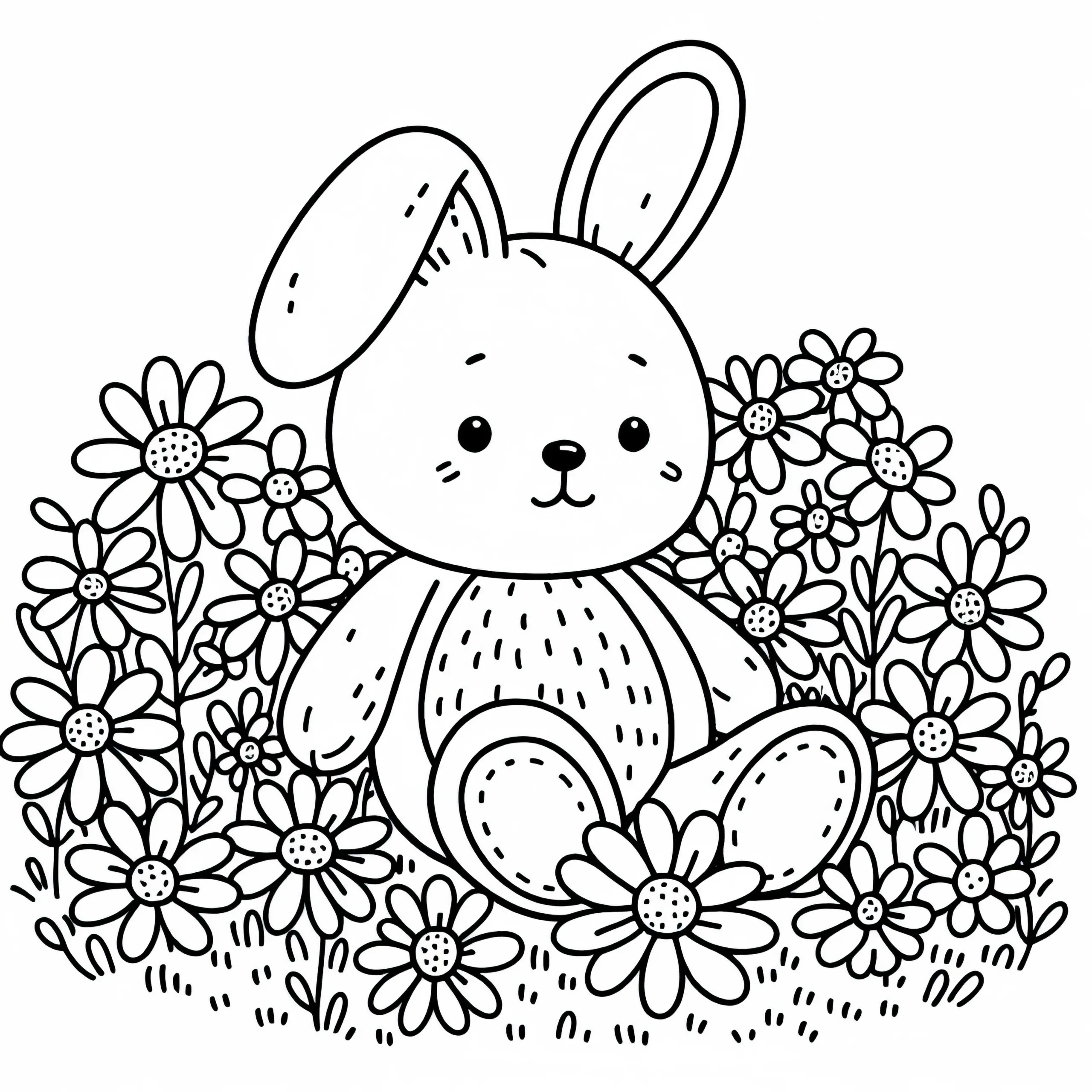 Kuschelhase sitzt auf Blumenwiese – Malvorlage kostenlos (Ausmalbild)