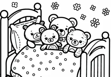 Kuscheltiere im Bett – Malvorlage Kostenlos