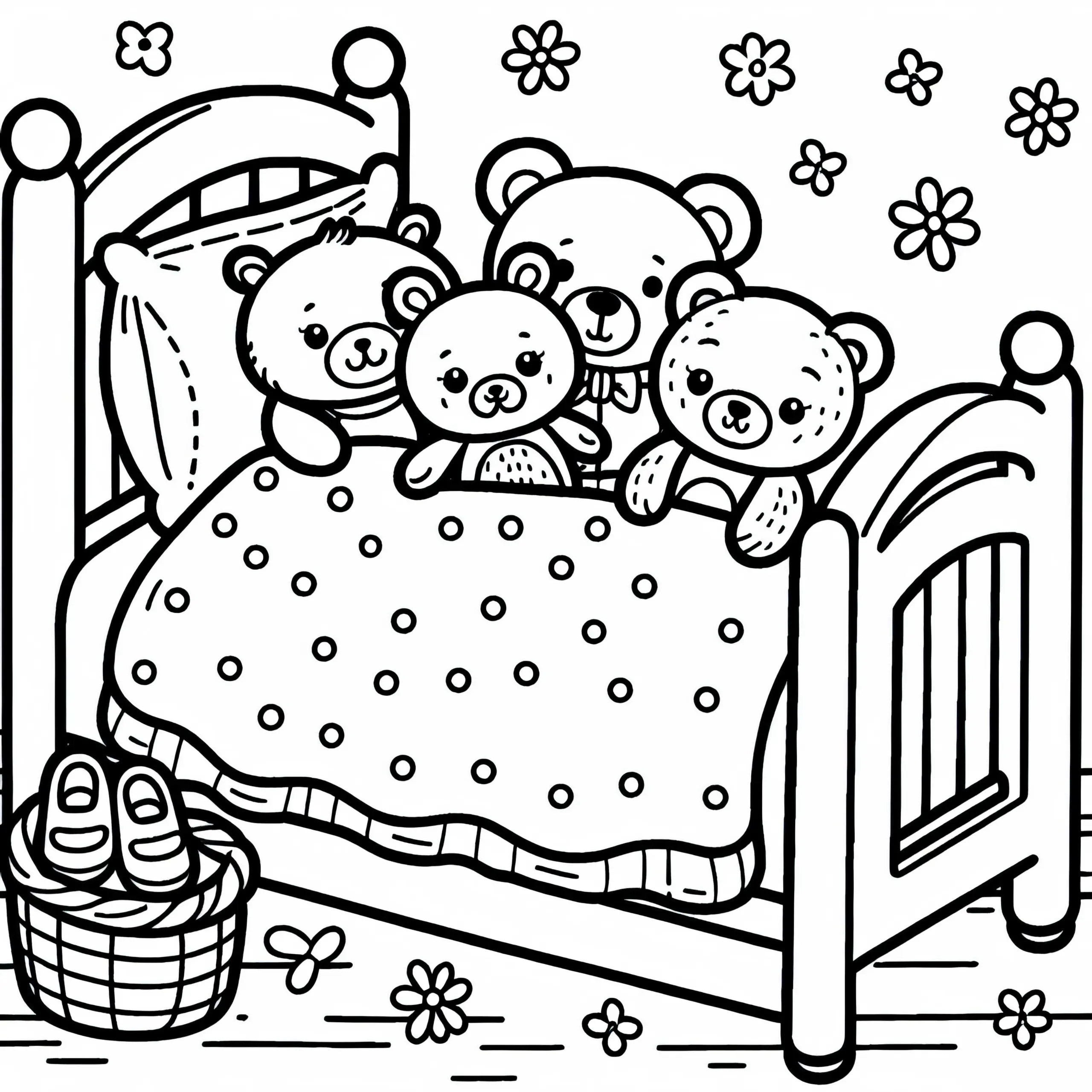 Kuscheltiere im Bett – Malvorlage Kostenlos (Ausmalbild)