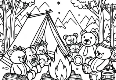 Kuscheltiere sitzen gemütlich um Lagerfeuer – Malvorlage kostenlos