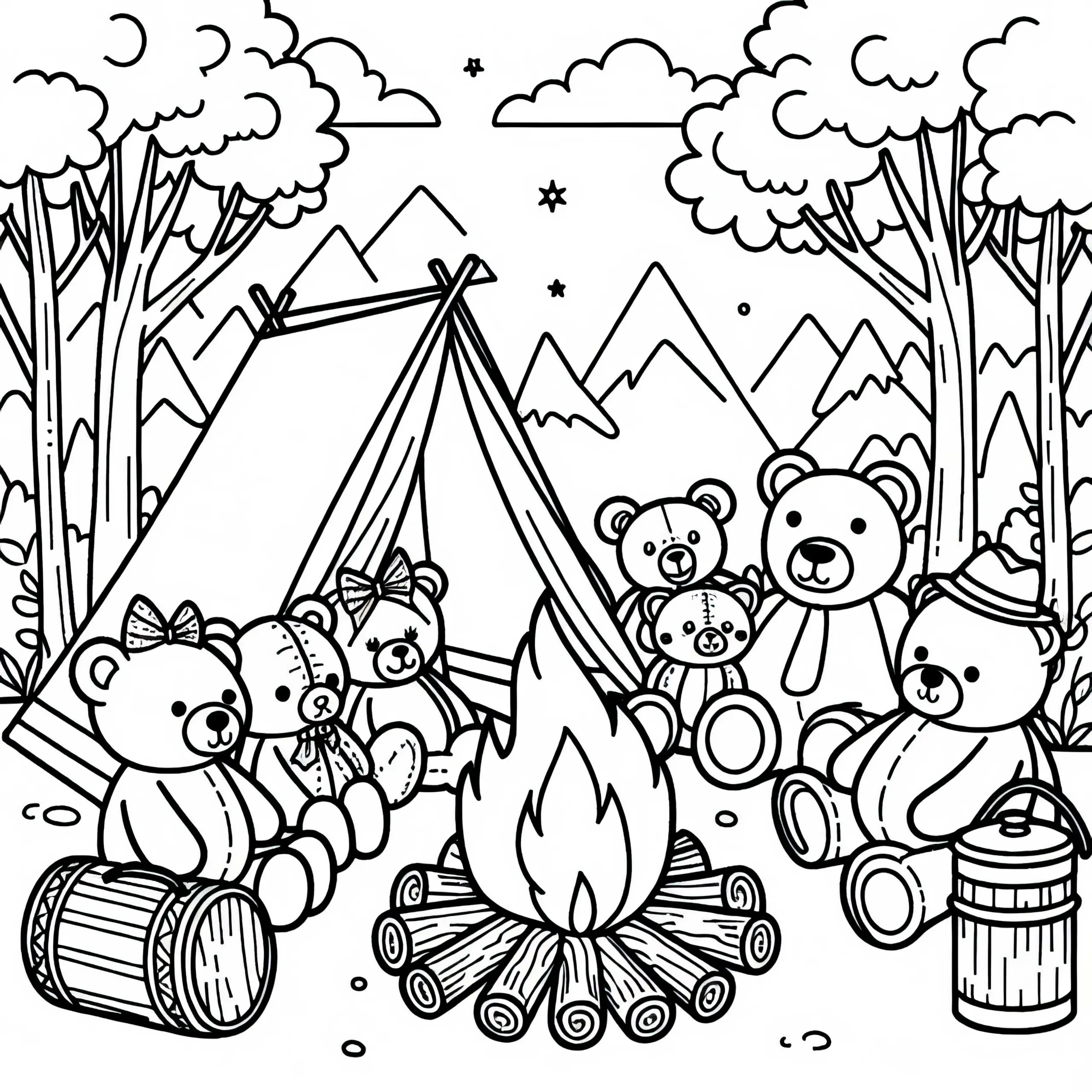 Kuscheltiere sitzen gemütlich um Lagerfeuer – Malvorlage kostenlos (Ausmalbild)