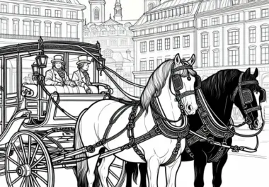 Kutschpferde vor historischem Wagen – Ausmalbild gratis herunterladen