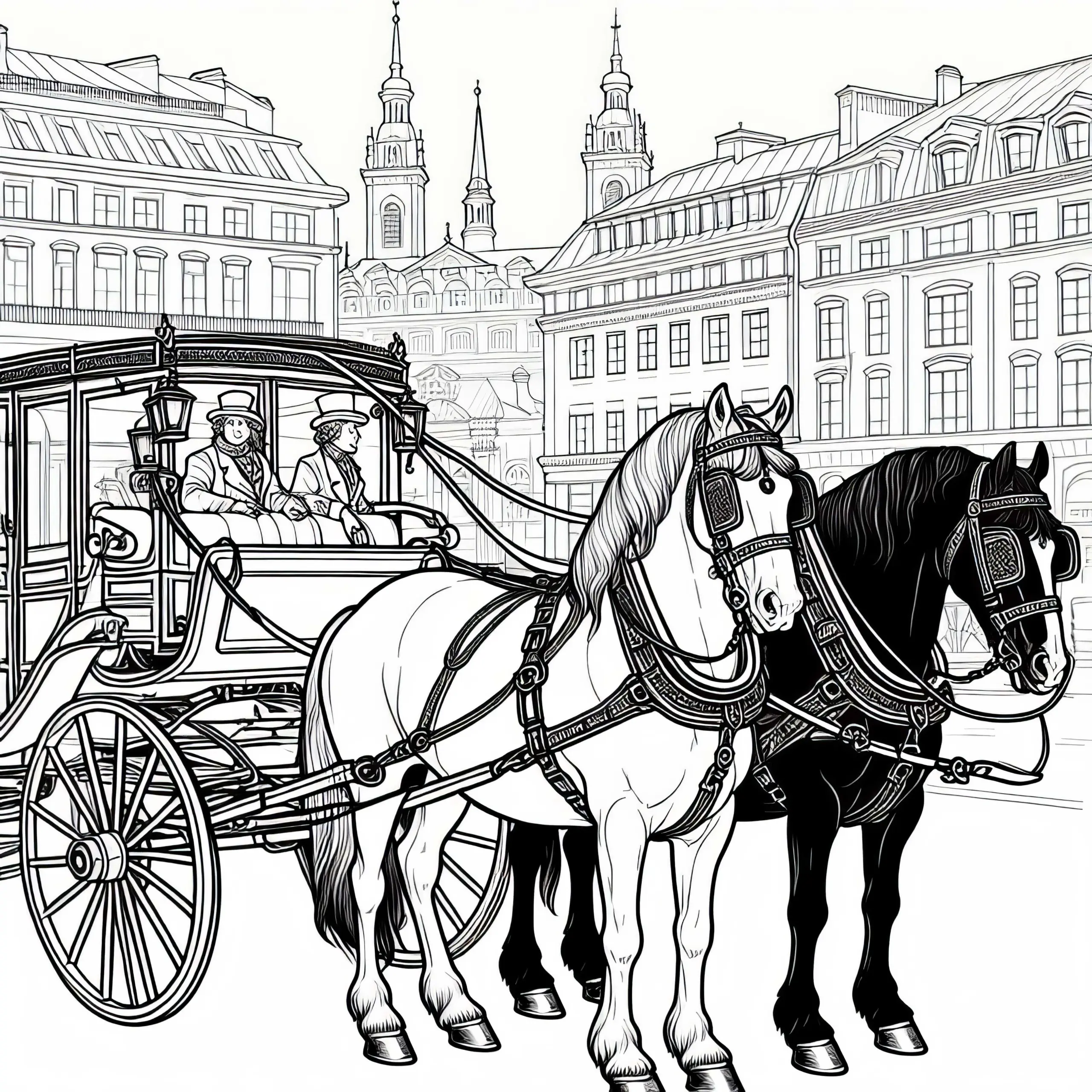 Kutschpferde vor historischem Wagen – Ausmalbild gratis herunterladen