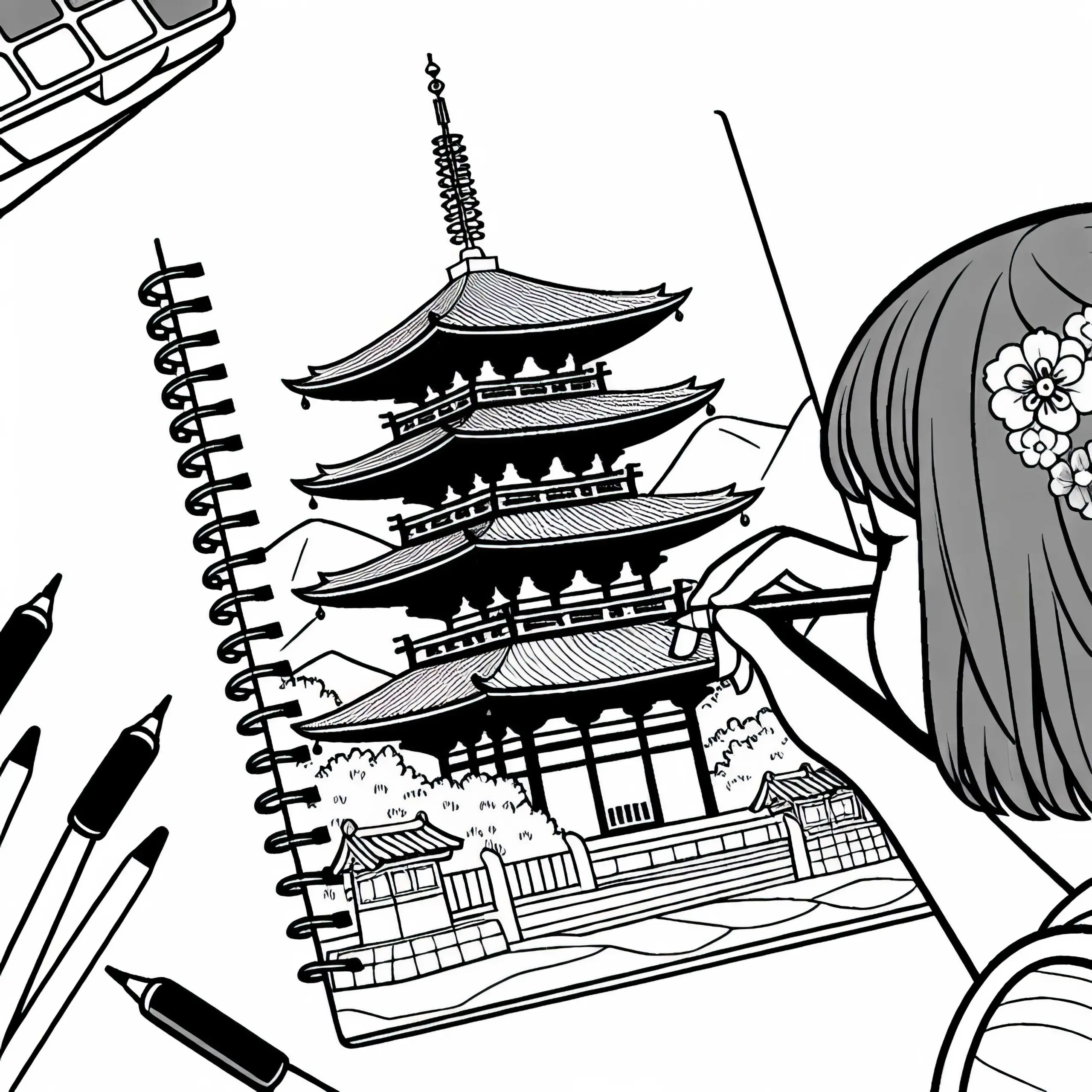 Kyoto Mädchen zeichnet Pagode in Skizzenbuch – Ausmalbild gratis