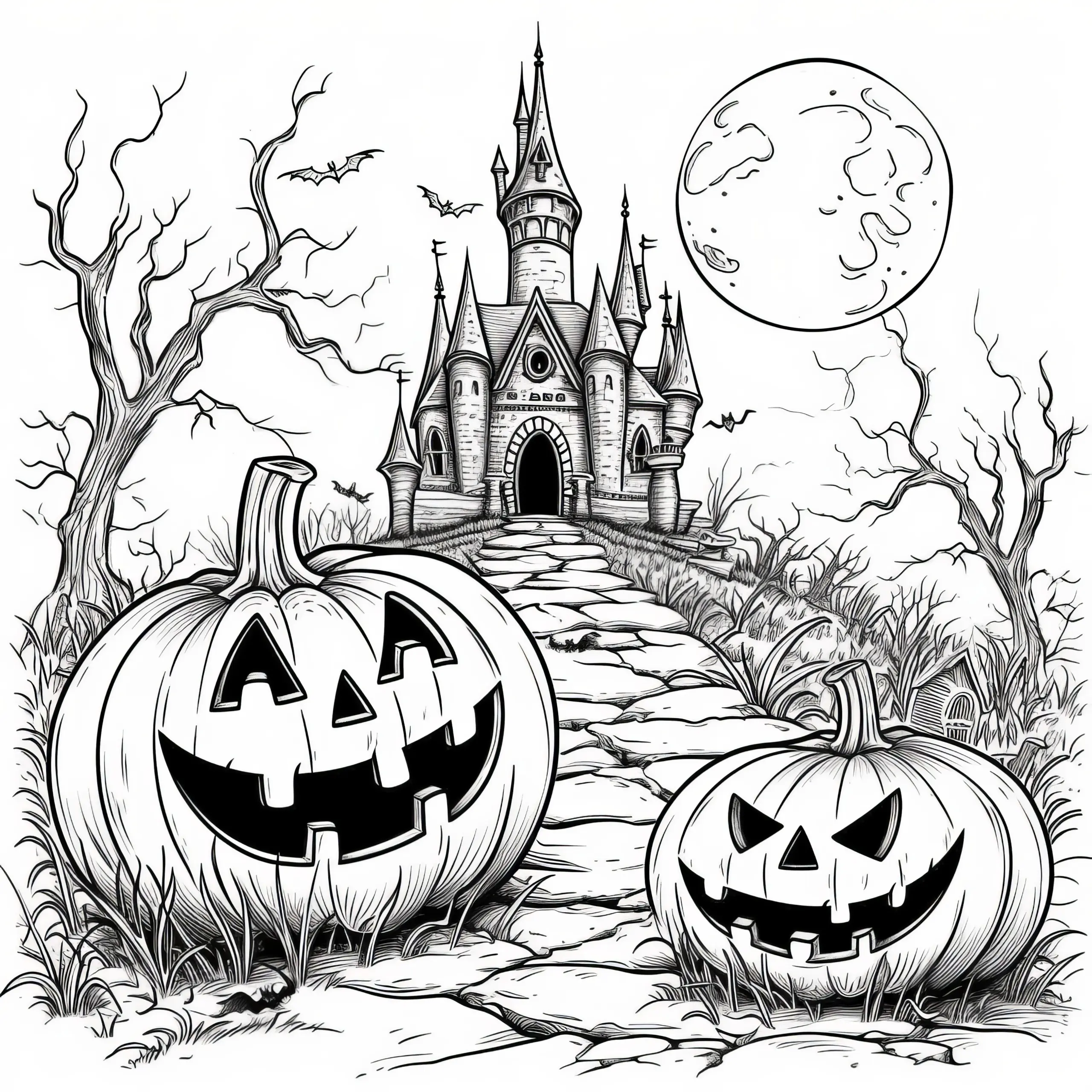 Lachende Halloween Kürbisse vor Gruselschloss als Ausmalbild (Kostenlos)