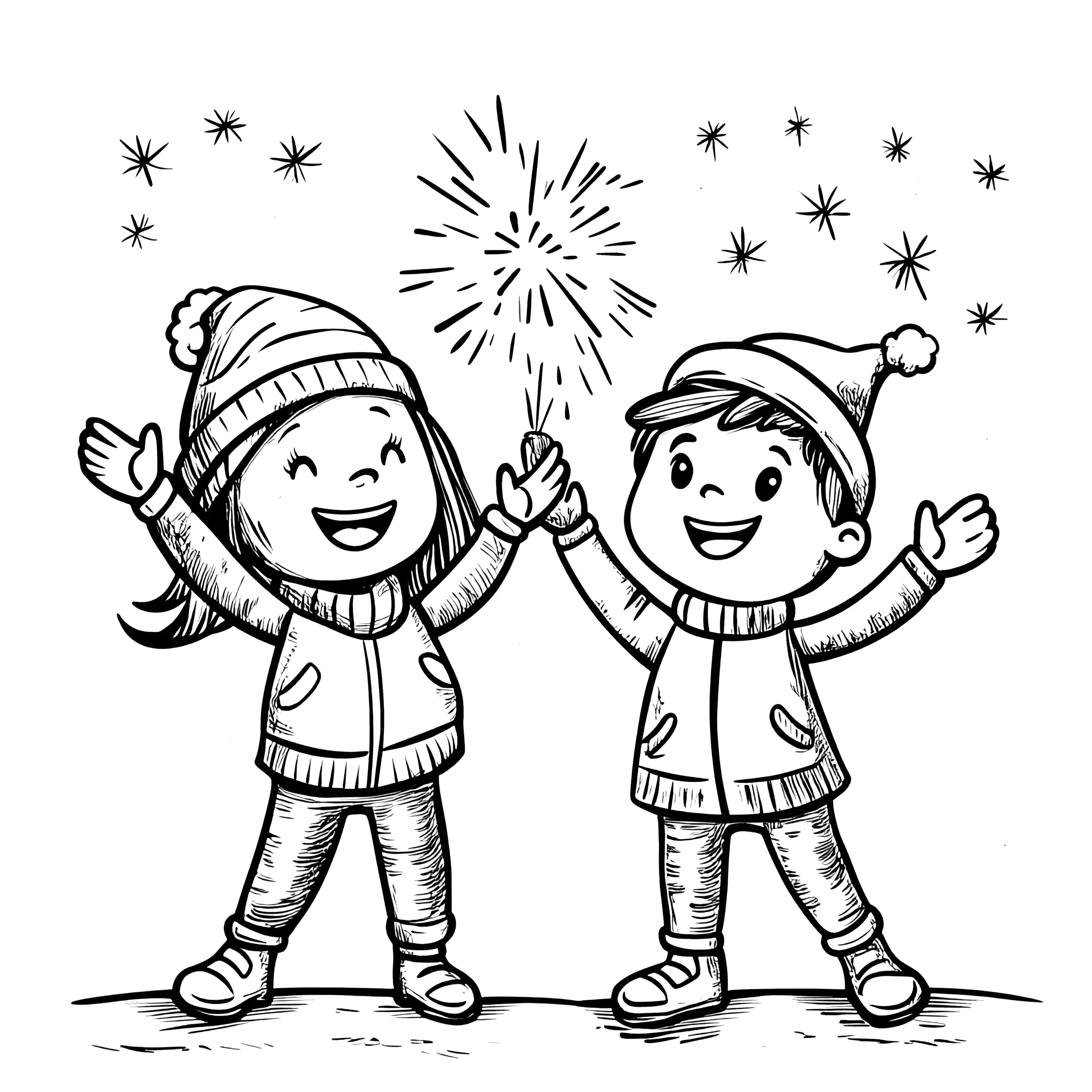 Lachende Kinder an Silvester (Ausmalbild)