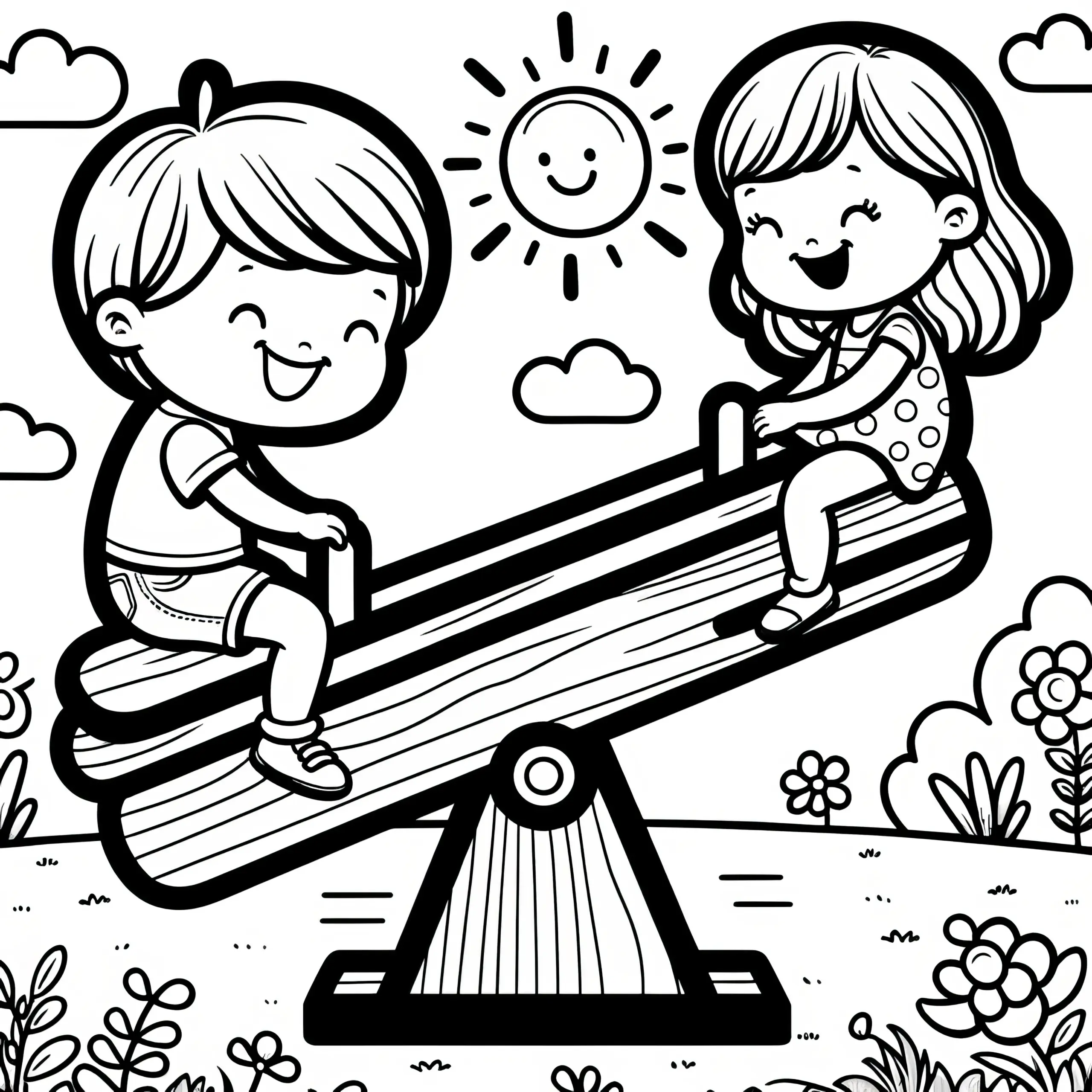 Lachende Kinder auf Wippe: Malvorlage zum Download (Gratis) (Ausmalbild)