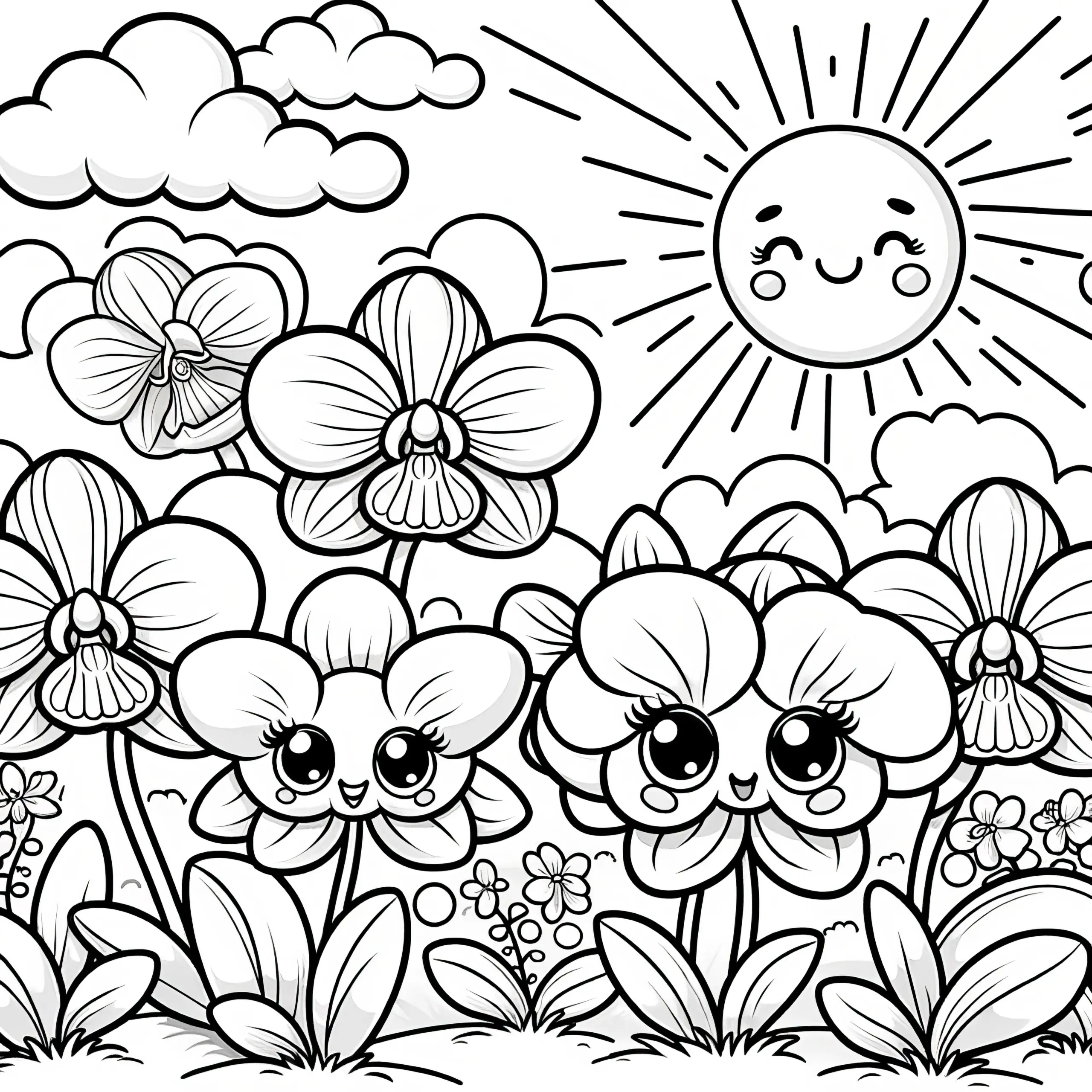 Lachende Orchideenblüten in der Sonne: Ausmalbild kostenlos herunterladen