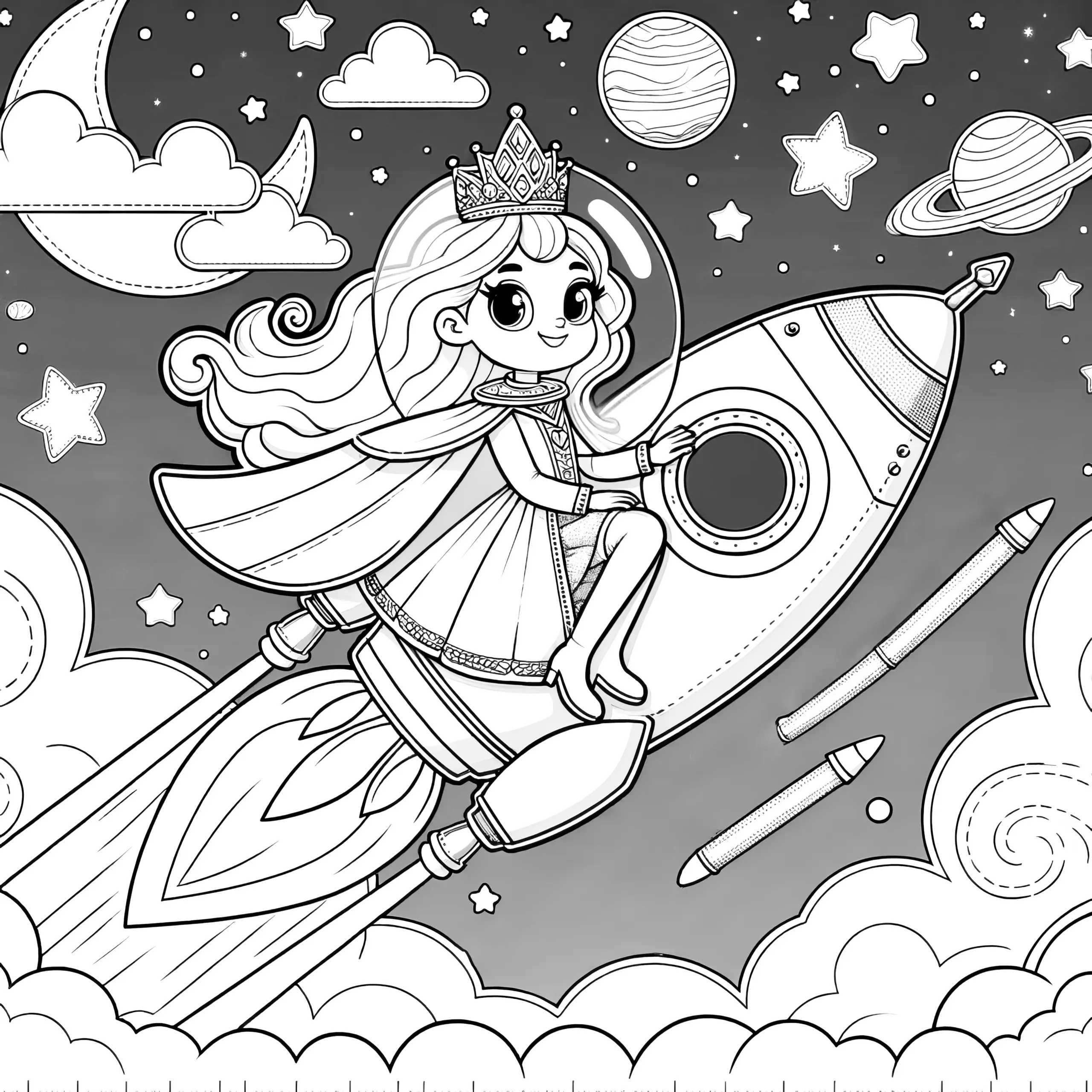 Lachende Prinzessin auf futuristischer Rakete mit Planeten zum Ausmalen (Gratis) (Ausmalbild)