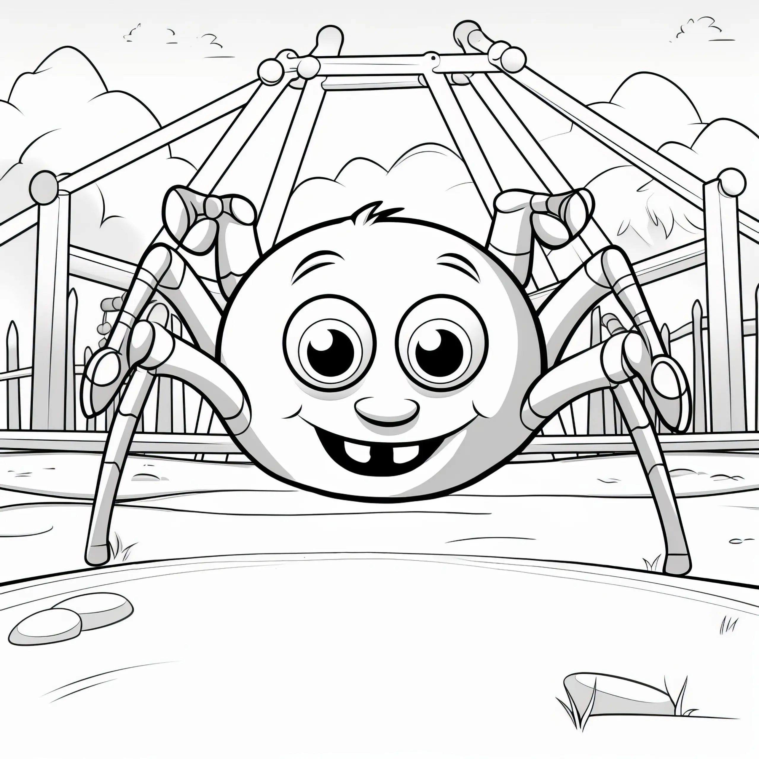Lachende Spinne auf dem Spielplatz im Cartoon-Look: Ausmalbild zum Download (Kostenlos)