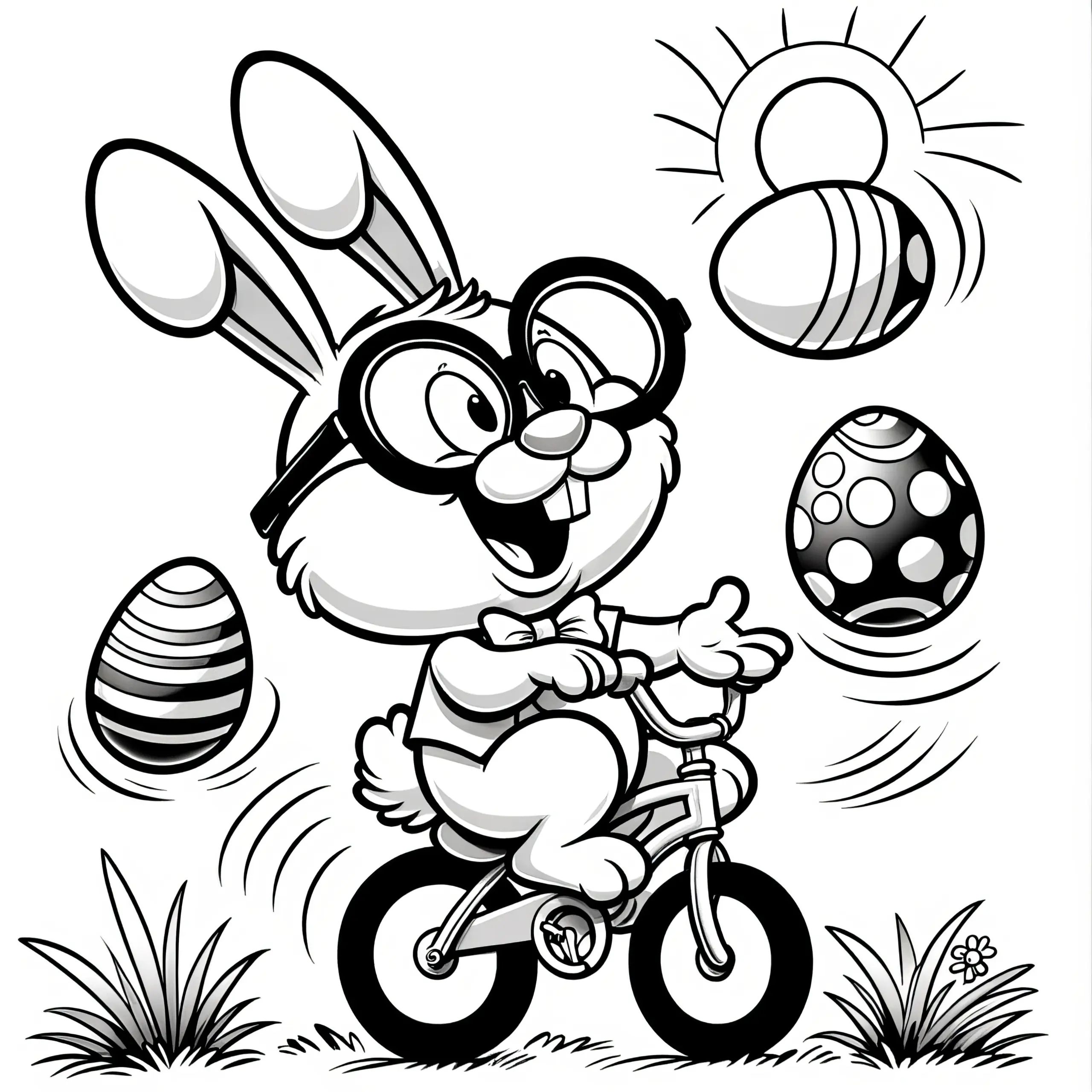 Lachender Osterhase auf Fahrrad: Ausmalbild mit Ostereiern zum Herunterladen (Gratis)