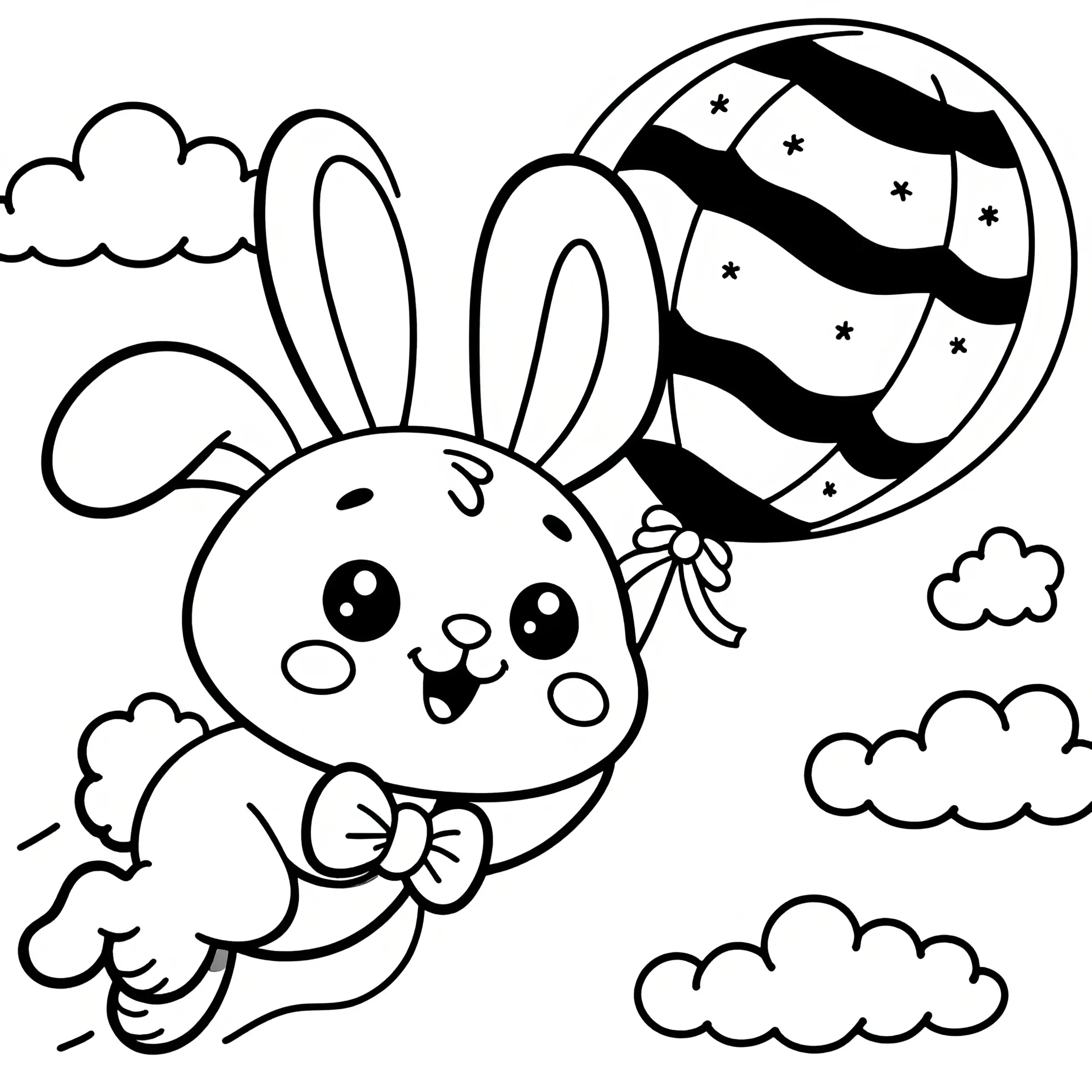 Lachender Osterhase fliegt mit Luftballon: Osterbild zum Ausmalen (Kostenlos) (Ausmalbild)