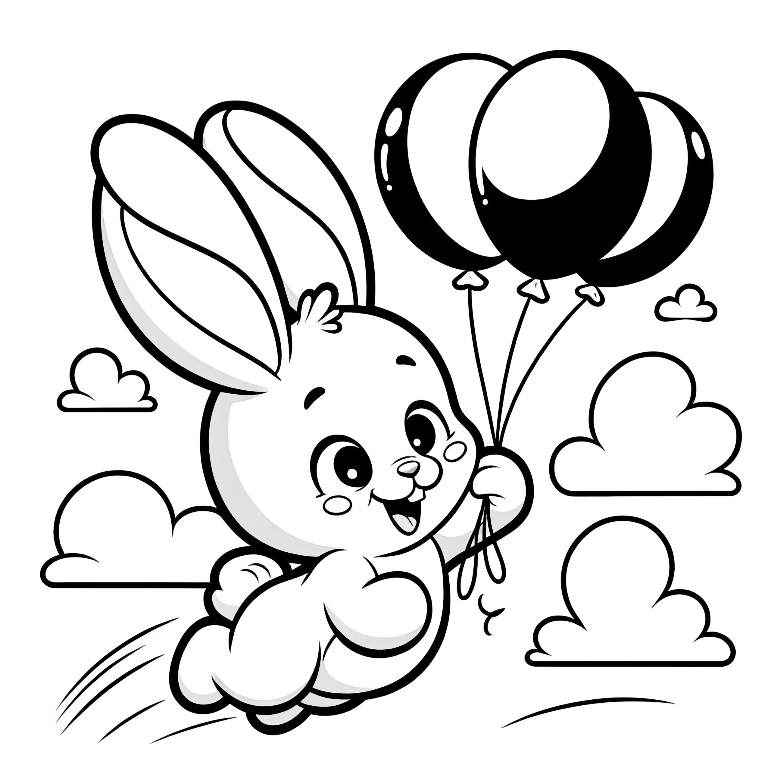 Lachender Osterhase fliegt an Luftballons durch Wolkenhimmel: Einfache Malvorlage (Gratis) (Ausmalbild)