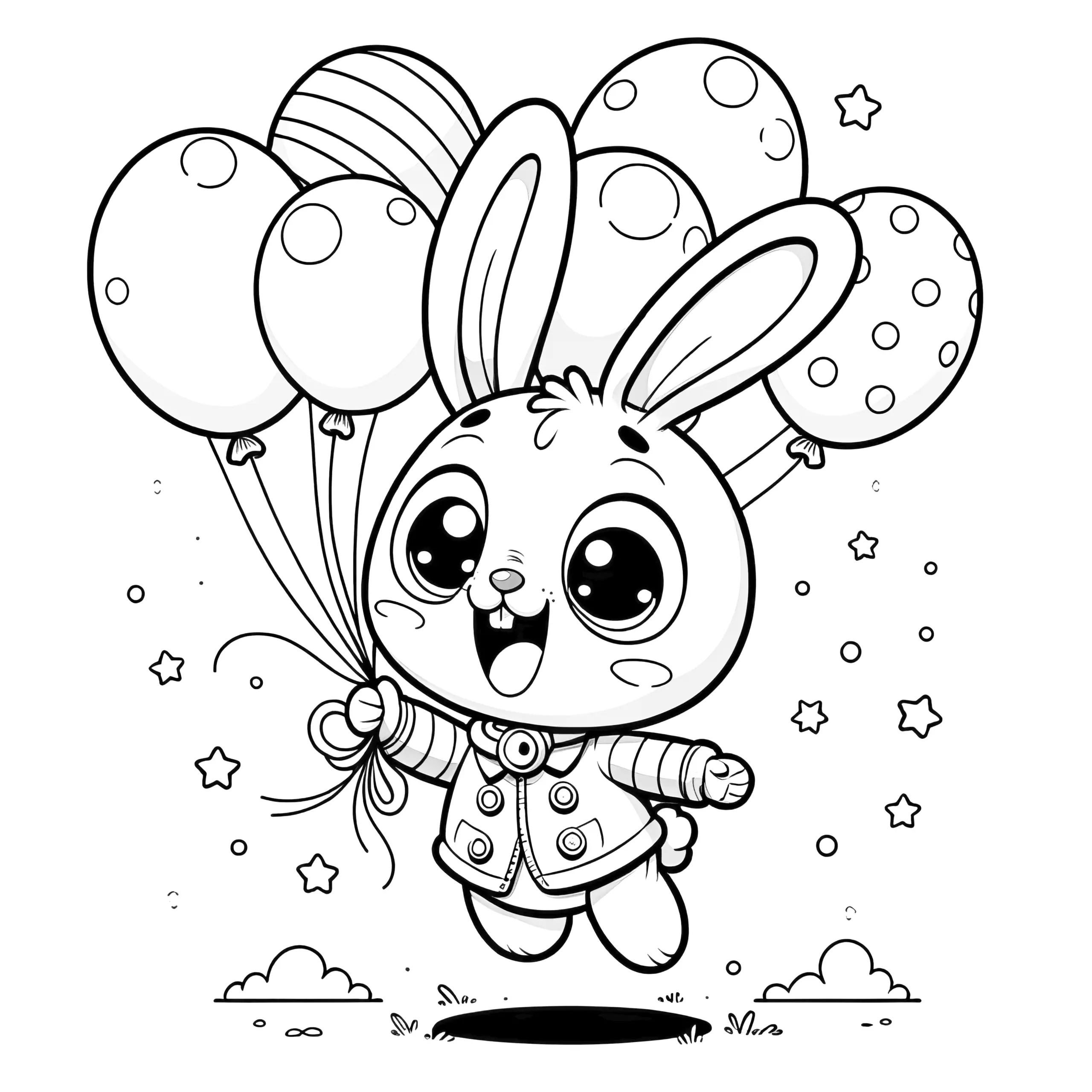 Lachender Osterhase hebt mit Luftballons ab: Bild zum Ausdrucken (Kostenlos) (Ausmalbild)