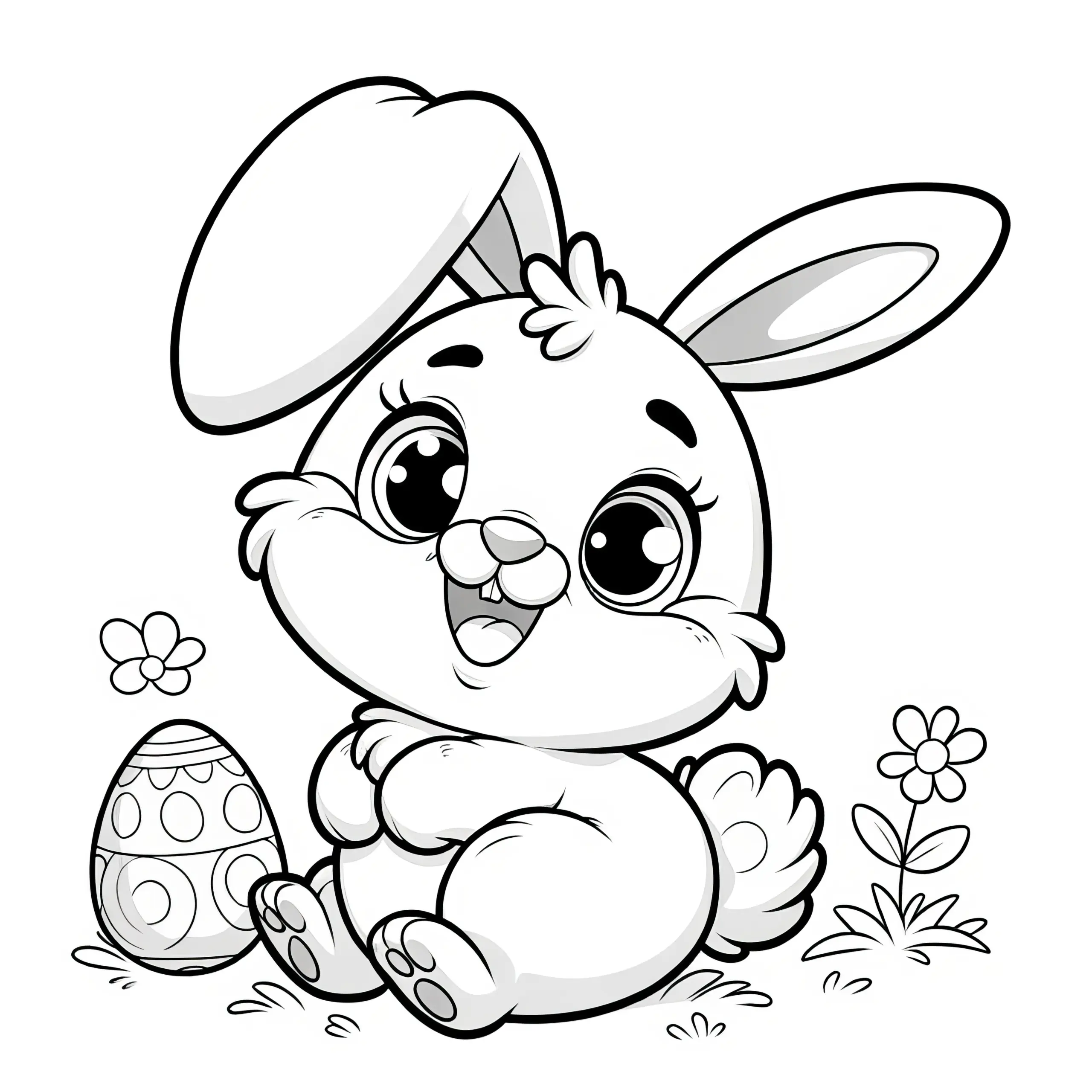 Lachender Osterhase mit Knickohr und Osterei: Einfache Malvorlage (Gratis) (Ausmalbild)