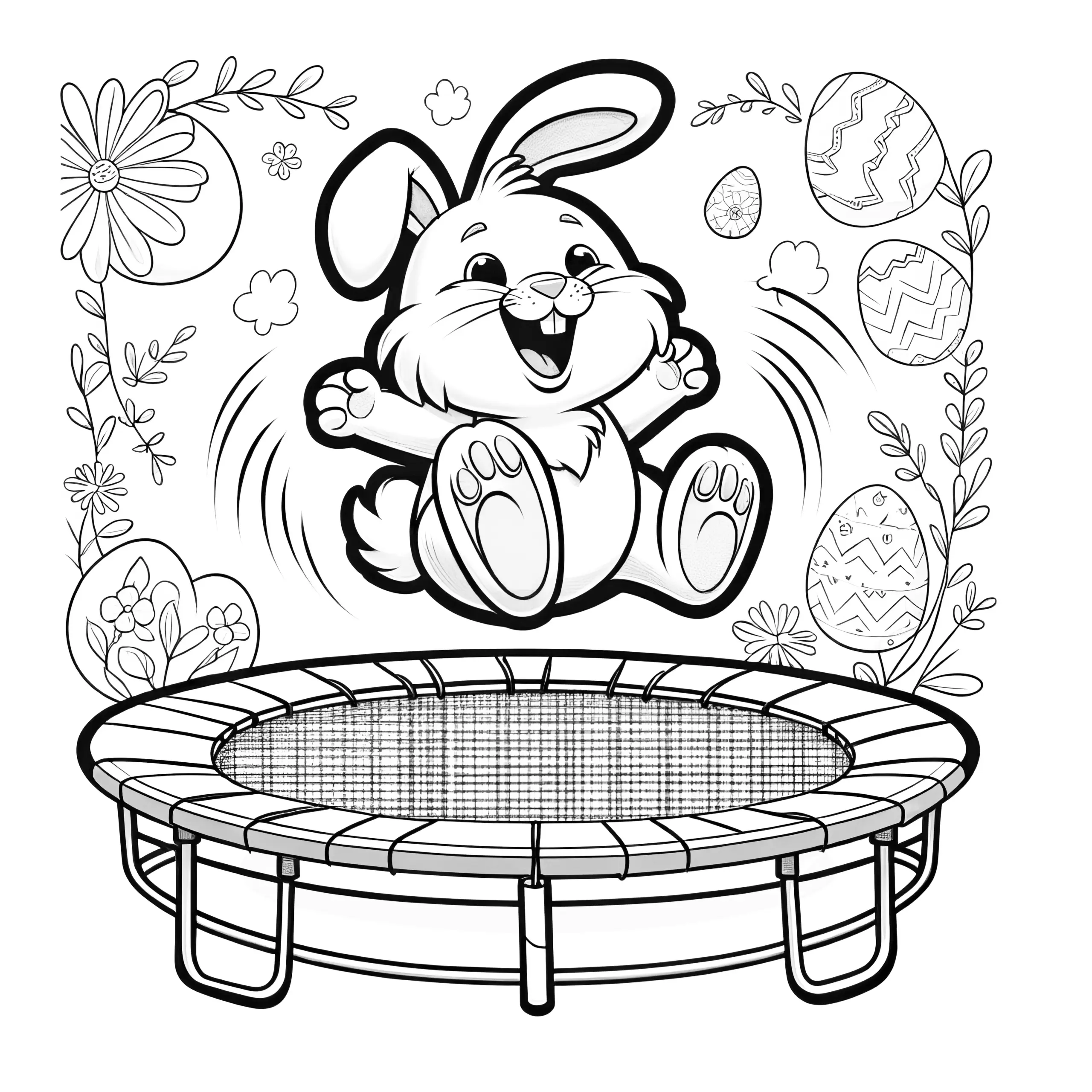 Lachender Osterhase auf Trampolin mit Ostereiern: Bild zum Herunterladen (Gratis) (Ausmalbild)