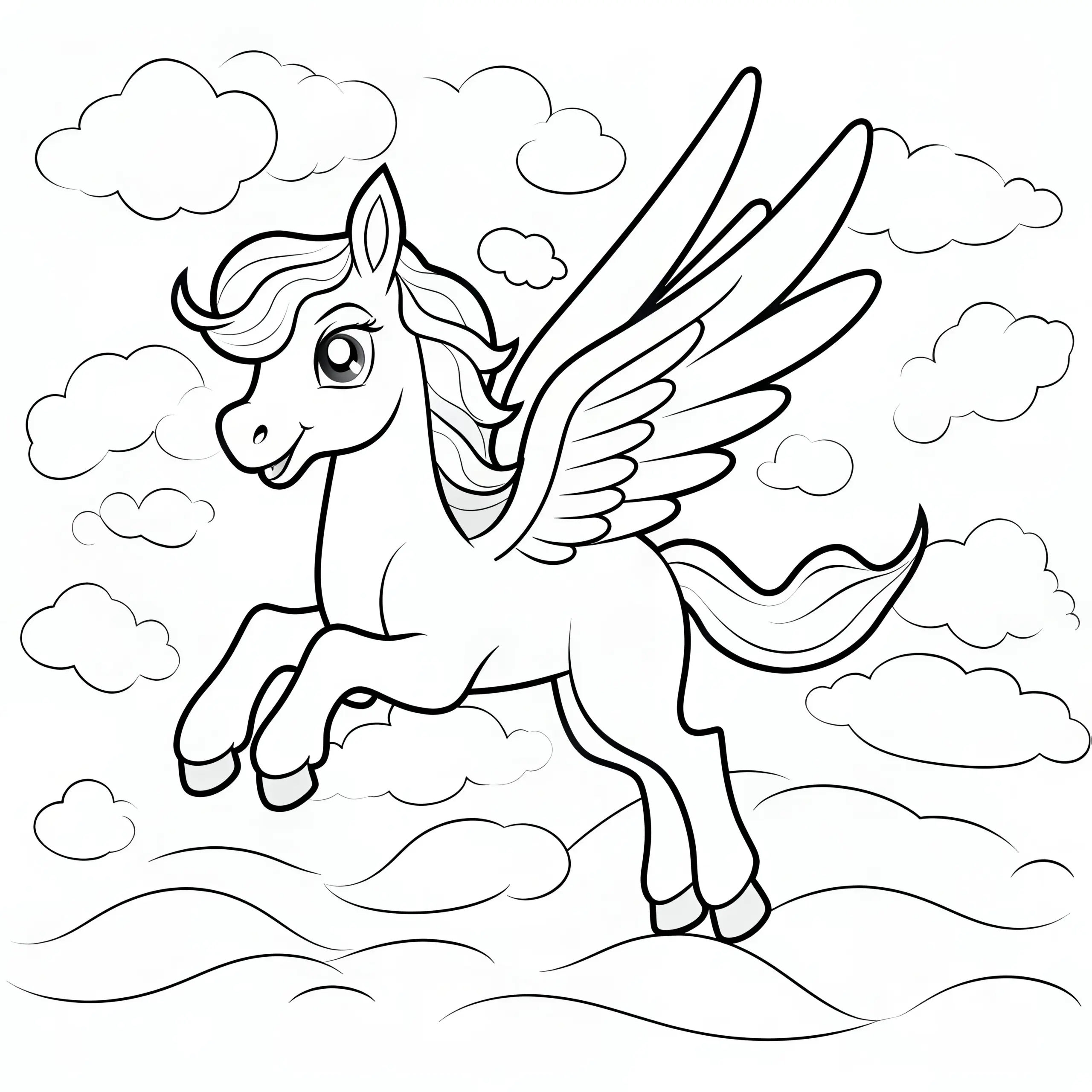 Lachender Pegasus: Einfache Malvorlage für Kinder (Kostenlos) (Ausmalbild)