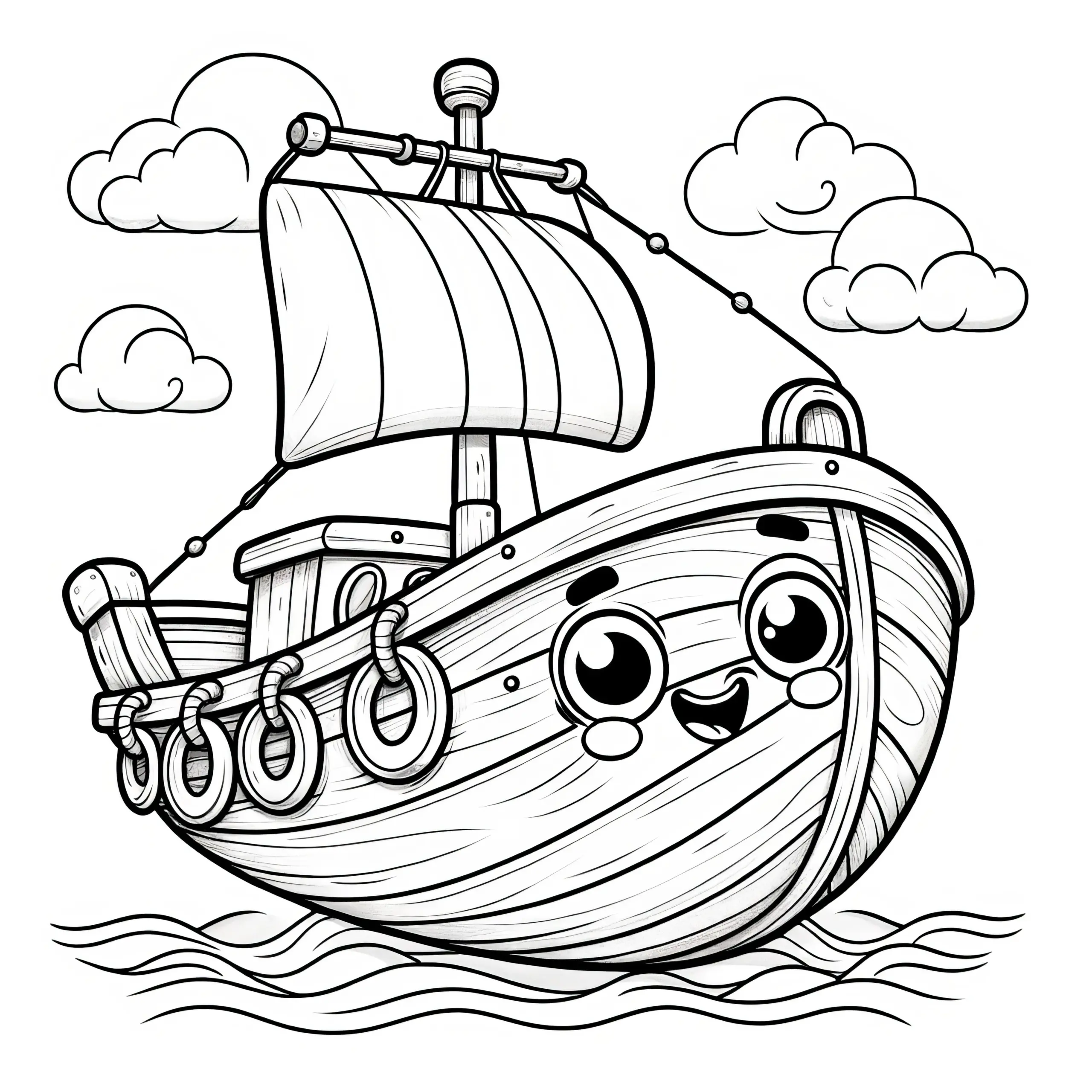Lachendes Segelschiff mit Augen: Ausmalbild für Kinder (Kostenlos)
