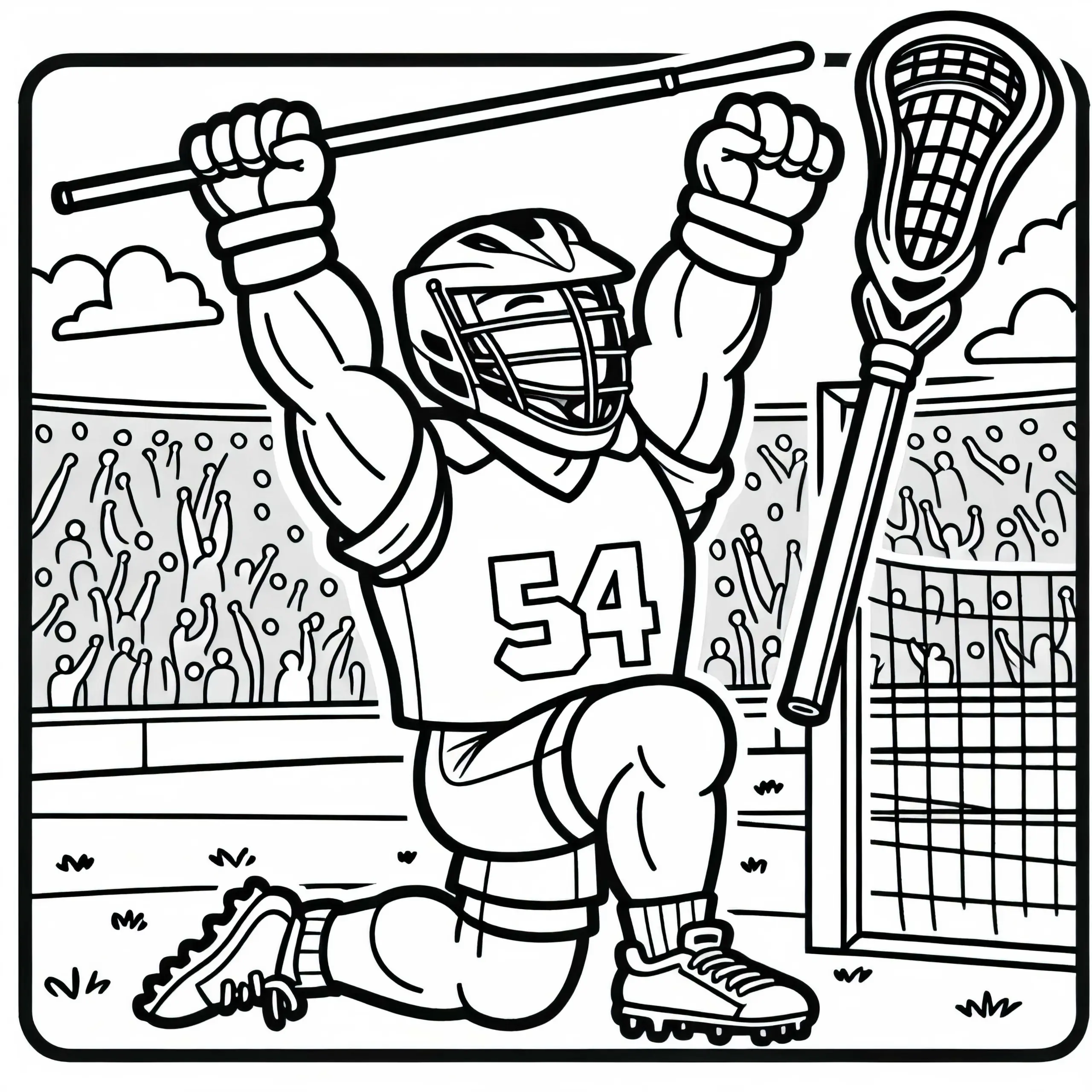 Lacrosse-Spieler hebt nach Tor jubelnd die Arme – Malvorlage gratis (Ausmalbild)