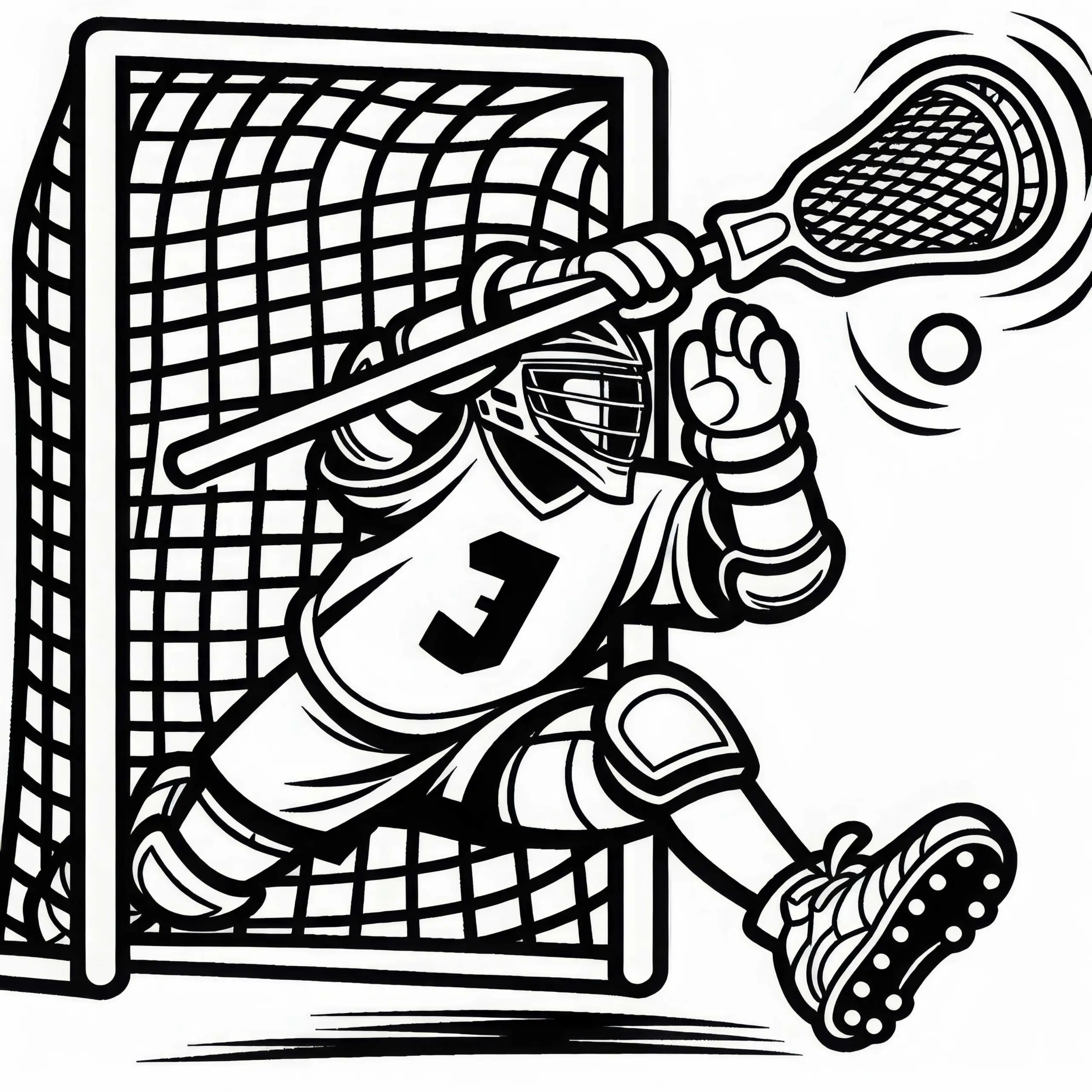 Lacrosse-Torwart hält mit Schläger Ball – Ausmalbild einfach kostenlos