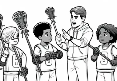 Lacrosse-Trainer gibt Anweisungen an Mannschaft – Malvorlage kostenlos