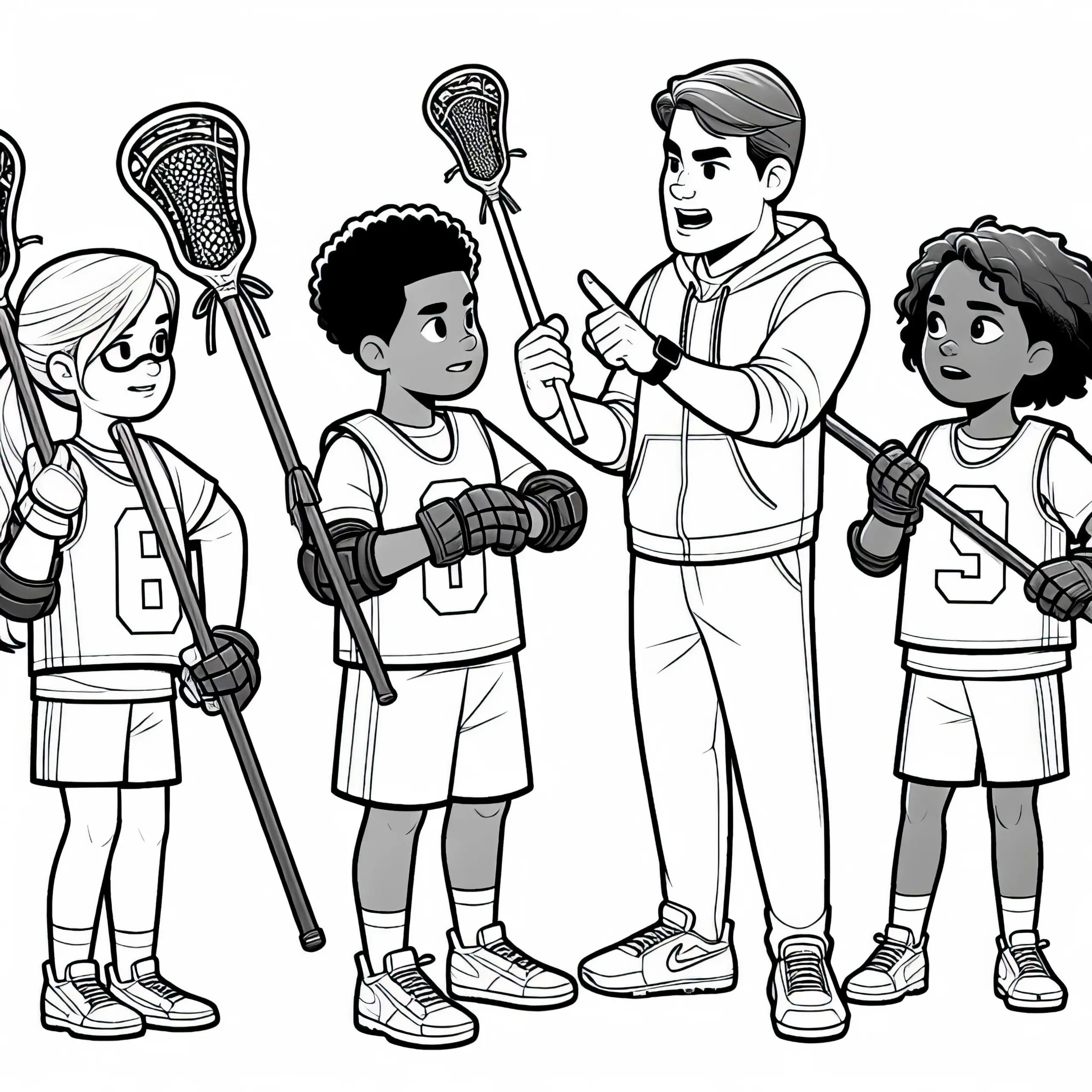 Lacrosse-Trainer gibt Anweisungen an Mannschaft – Malvorlage kostenlos (Ausmalbild)