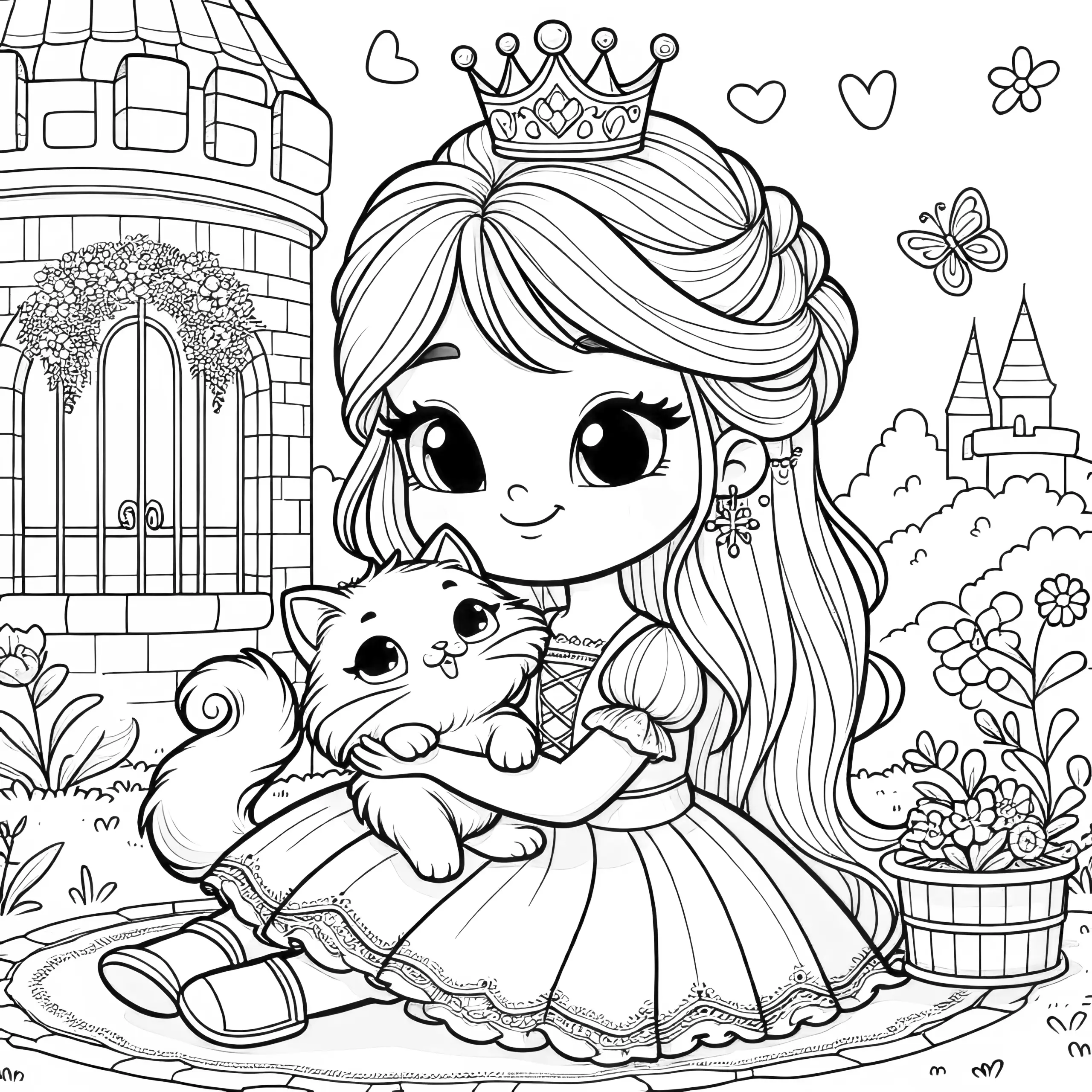 Lächelnde Prinzessin mit flauschigen Kätzchen vor Märchenschloss (Gratis Download) (Ausmalbild)
