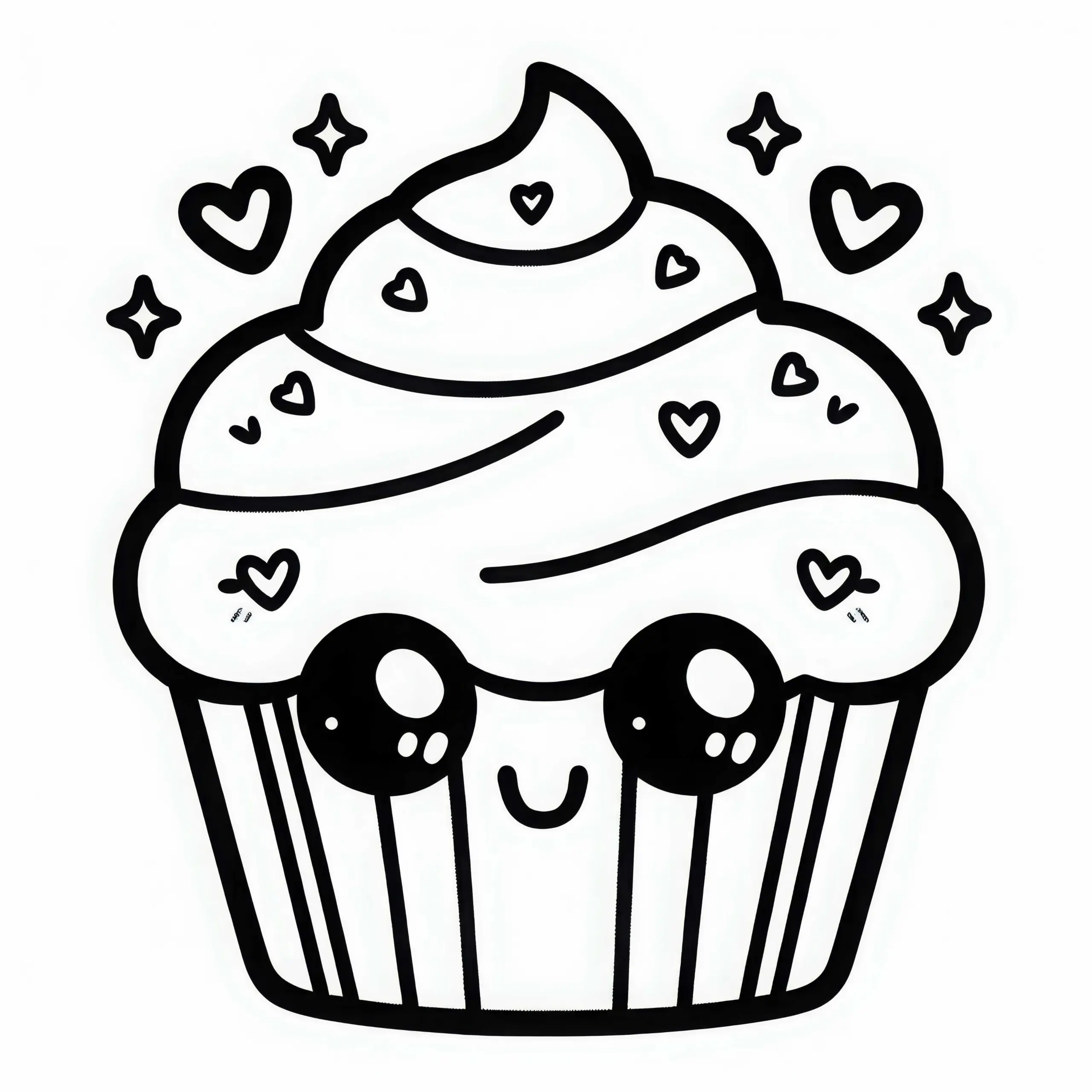 Lächelnder Cupcake mit Herzchen-Glasur als Malvorlage – Kostenlos (Ausmalbild)