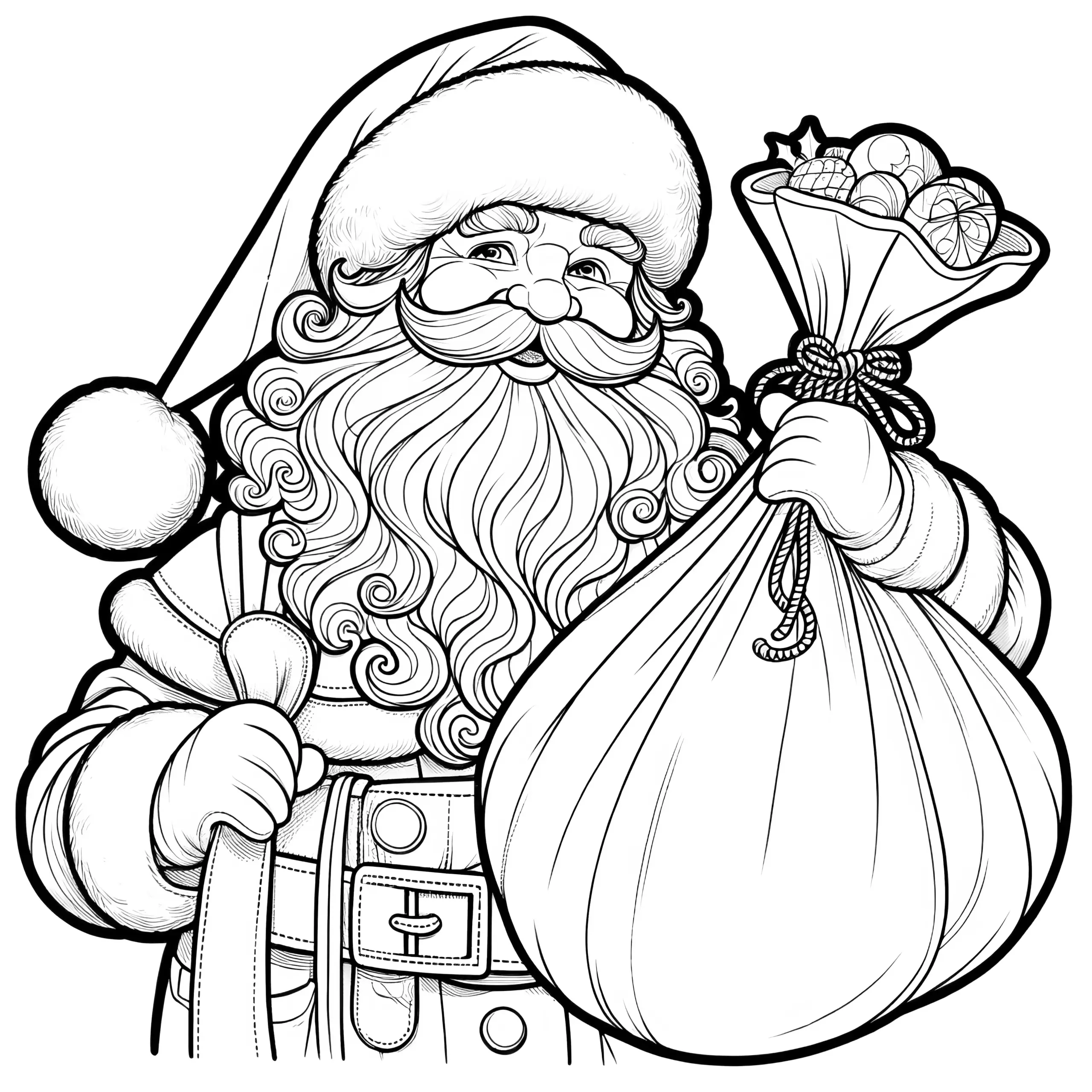 Lächelnder Weihnachtsmann mit Sack (kostenloses Ausmalbild)