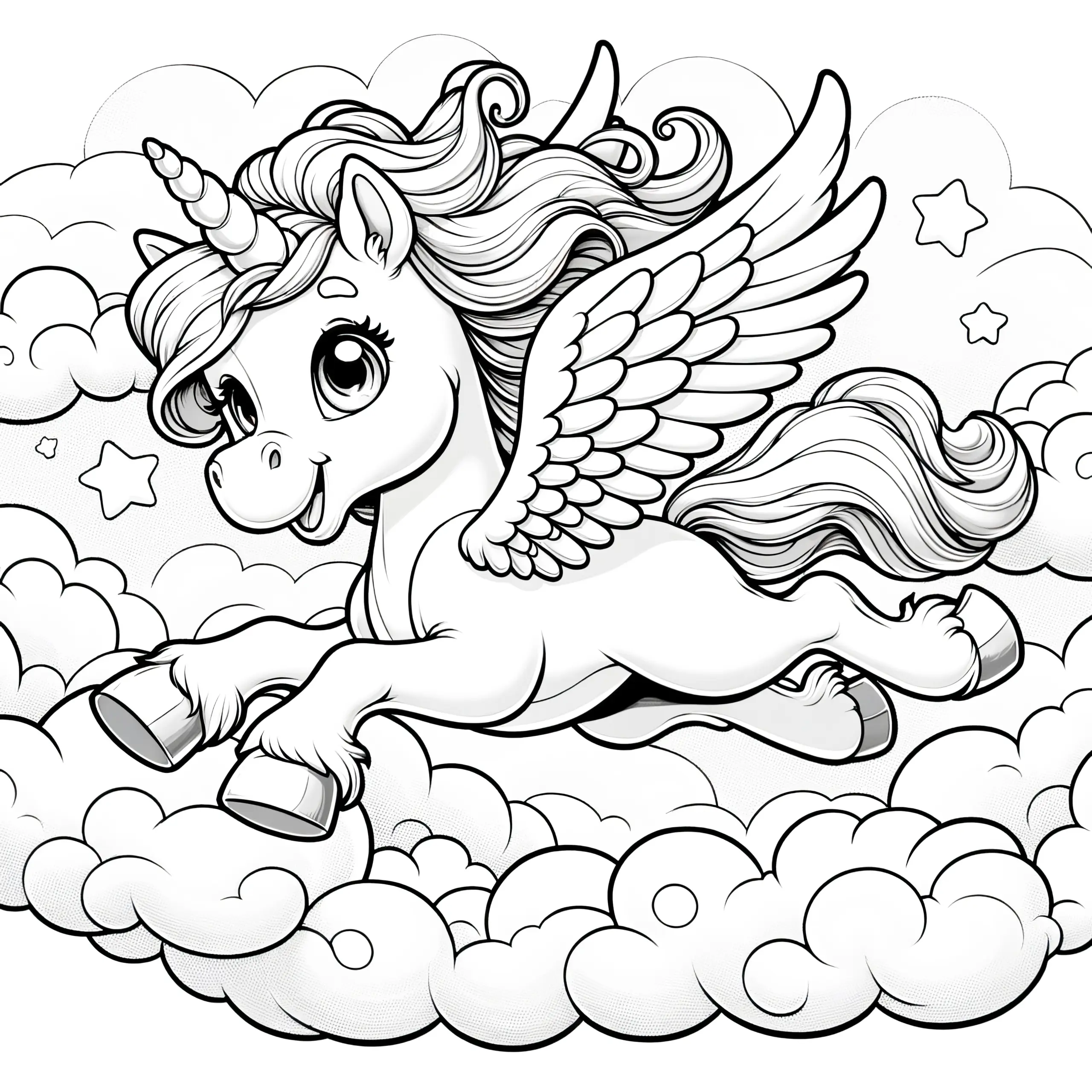 Lächelndes Einhorn fliegt über den Wolken: Kostenlose Malvorlage (Ausmalbild)