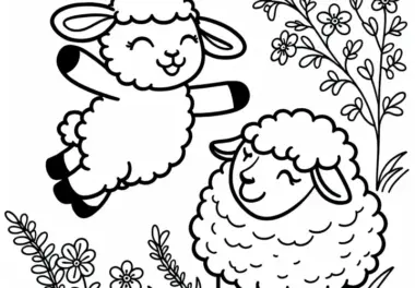 Lämmschen springt fröhlich um seine Mutter herum – Malvorlage kostenlos