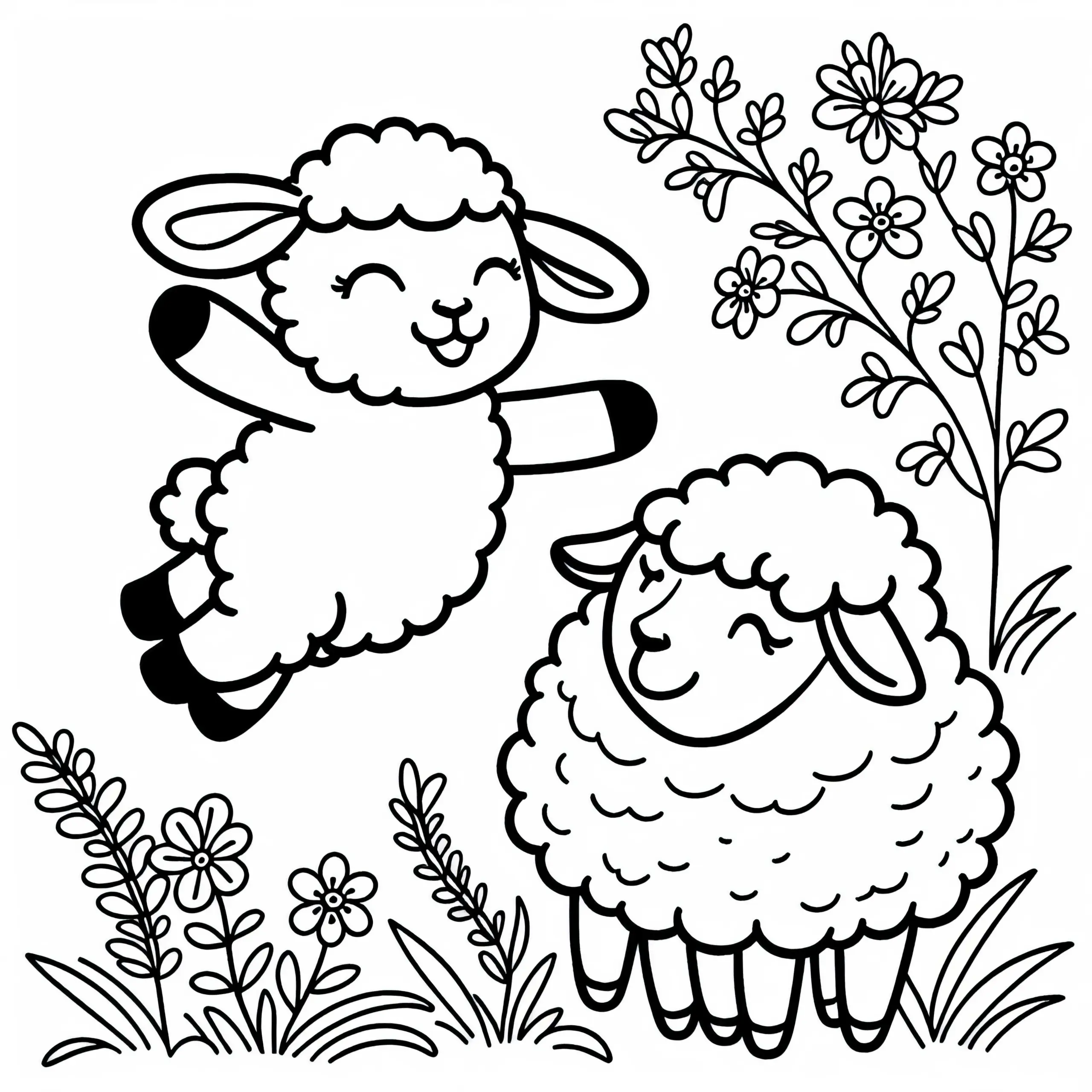 Lämmschen springt fröhlich um seine Mutter herum – Malvorlage kostenlos (Ausmalbild)